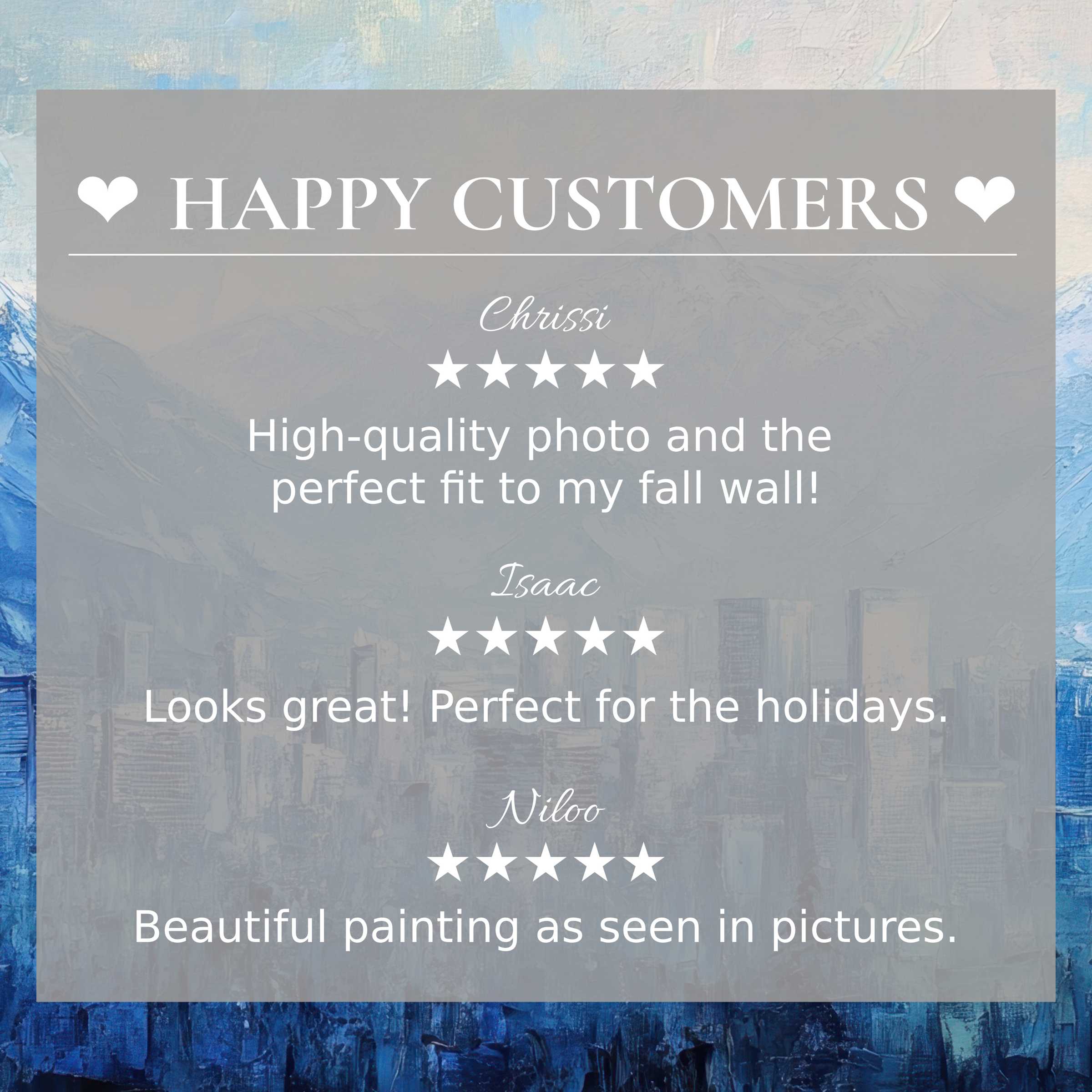 Urban art for Frame TV with abstract blue cityscape background, trusted by happy customer reviews and sleek design