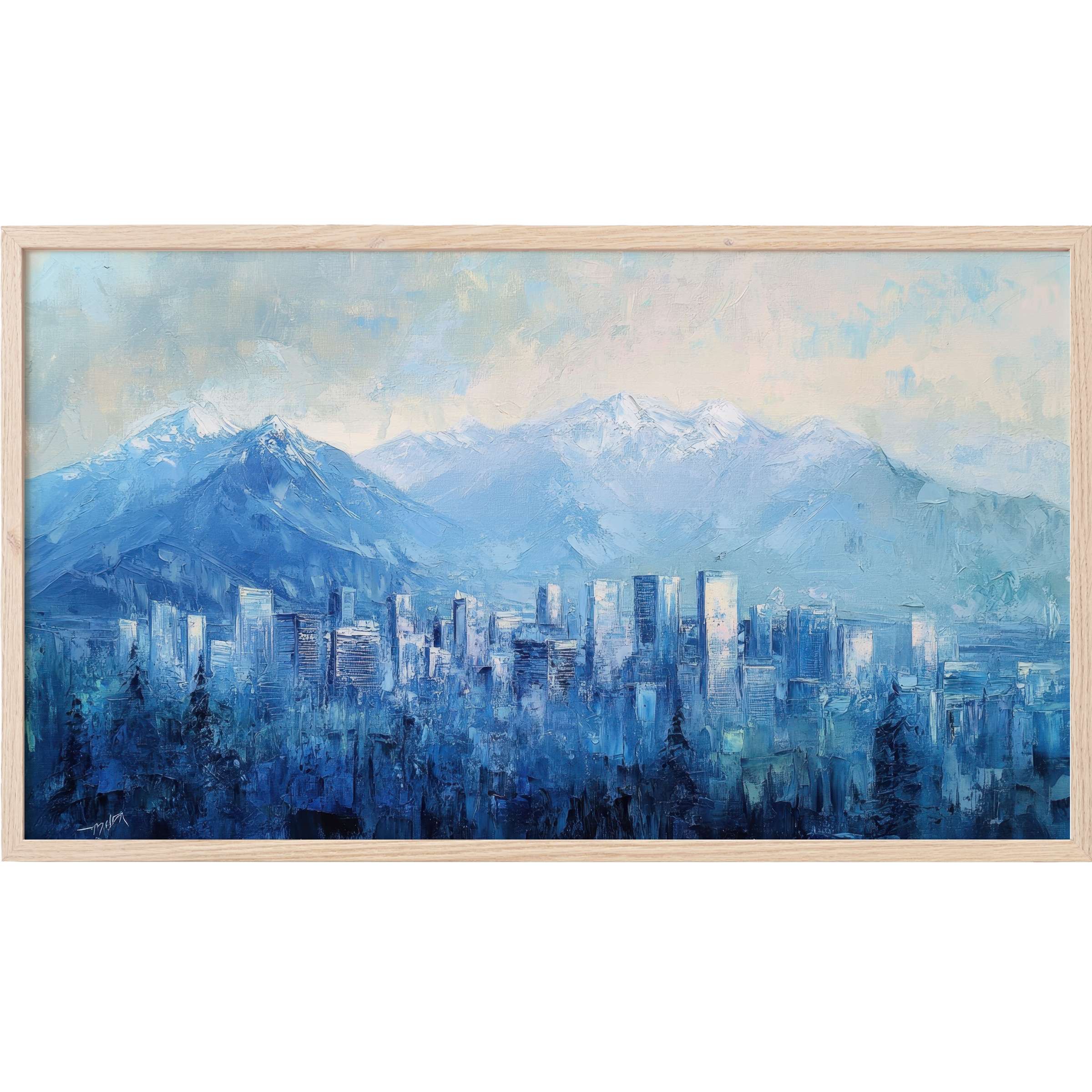Urban Frame TV Art showcasing a serene blue cityscape framed by majestic snow-capped mountains in an impressionist style