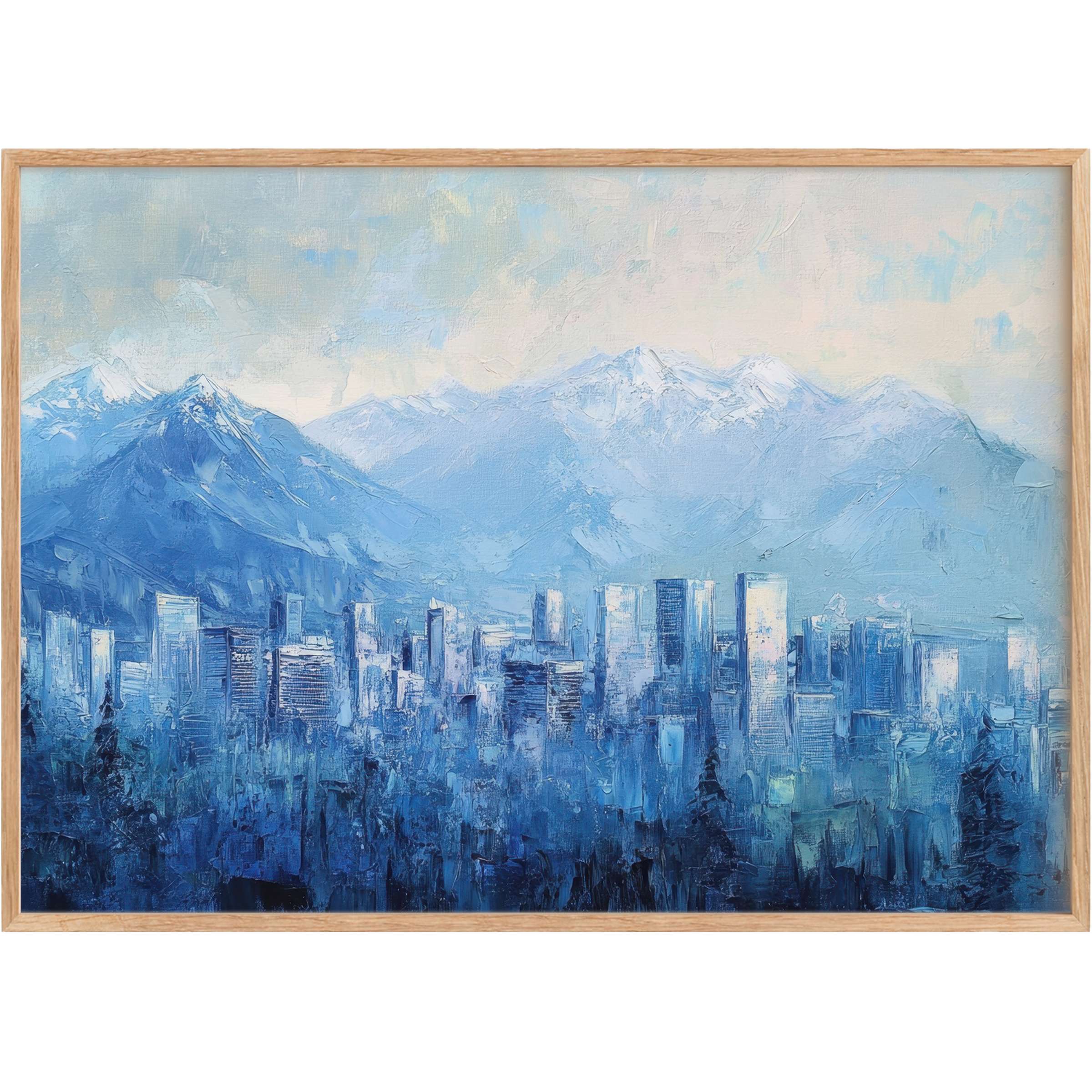 Serene urban printable wall art capturing a misty cityscape beneath snow-capped mountains, evoking calm with soft blues and grays
