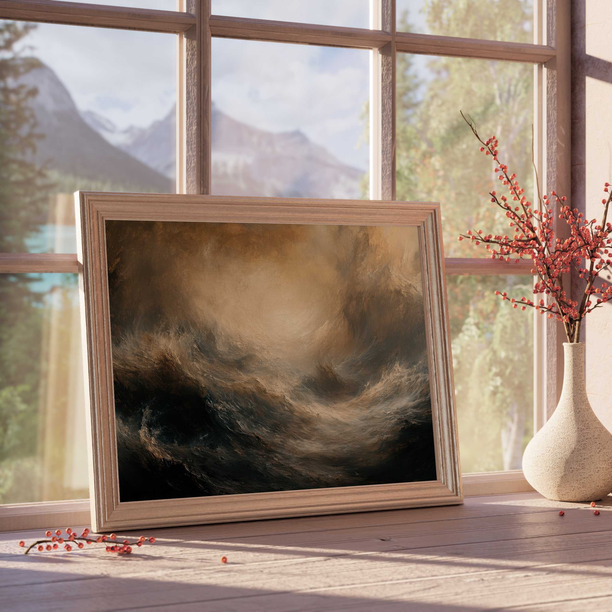 Coastal downloadable art capturing dynamic ocean waves in warm, moody tones, elevating serene, design-forward interiors