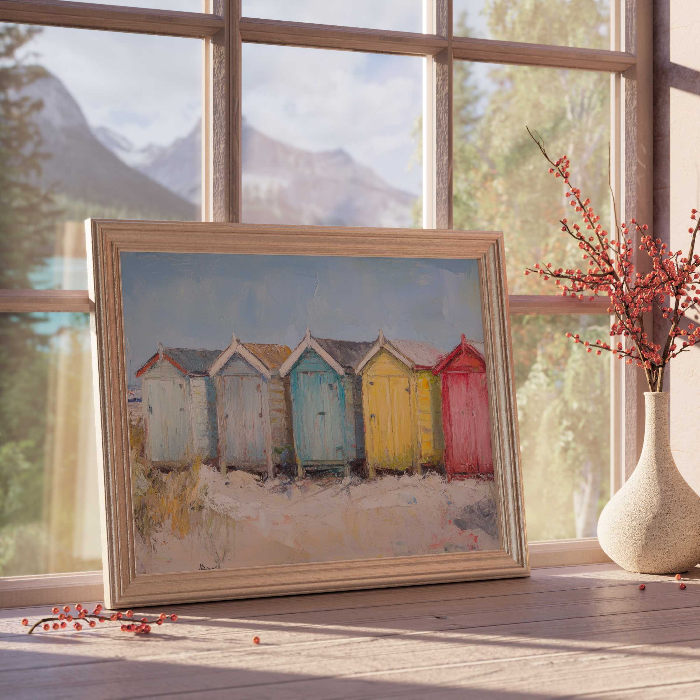 Beach downloadable art featuring vibrant coastal huts in soft pastels, evoking calm, curated luxury for serene, design-forward interiors