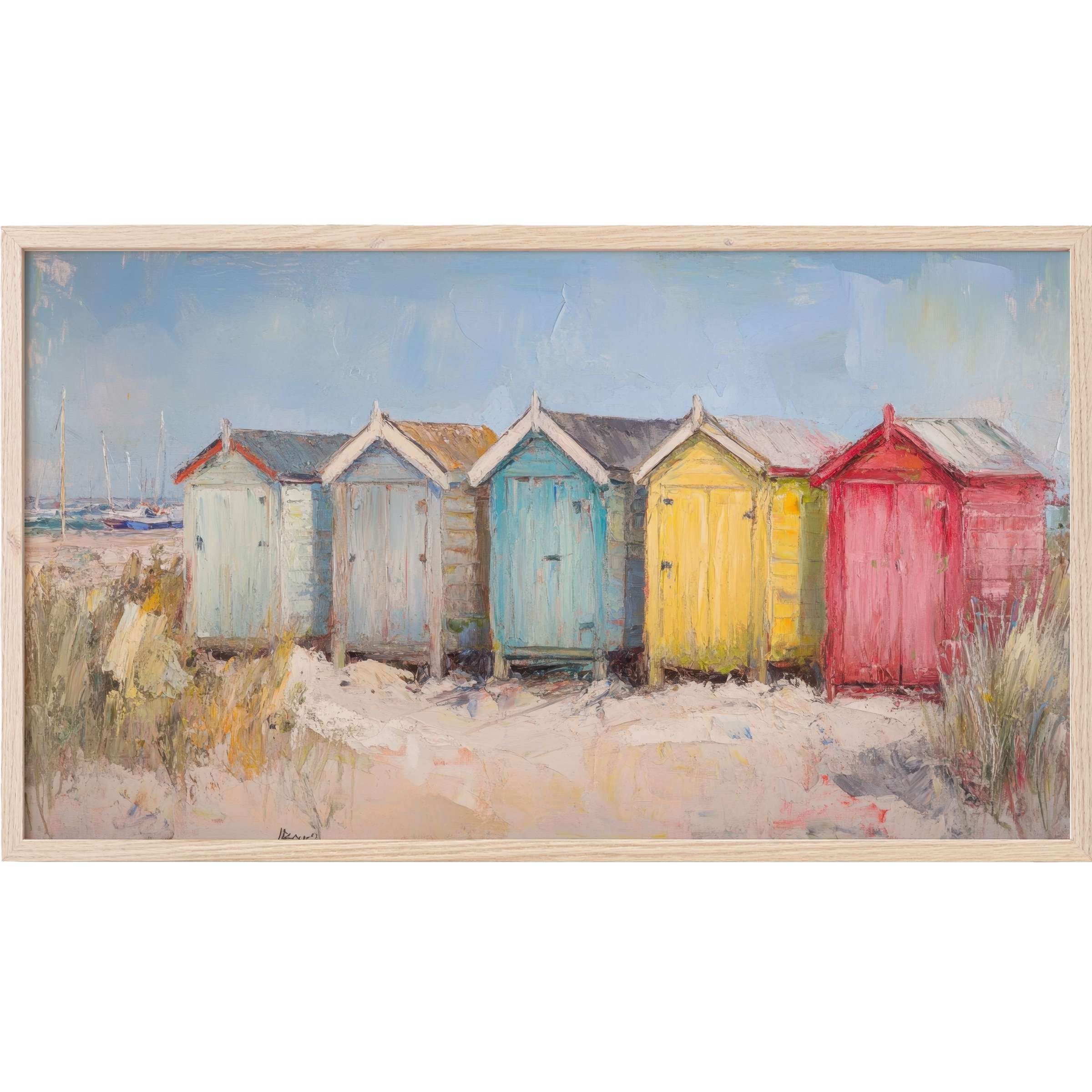 Beach huts in pastel and bright hues on sandy shore, textured with an impressionist touch, beach Frame TV Art