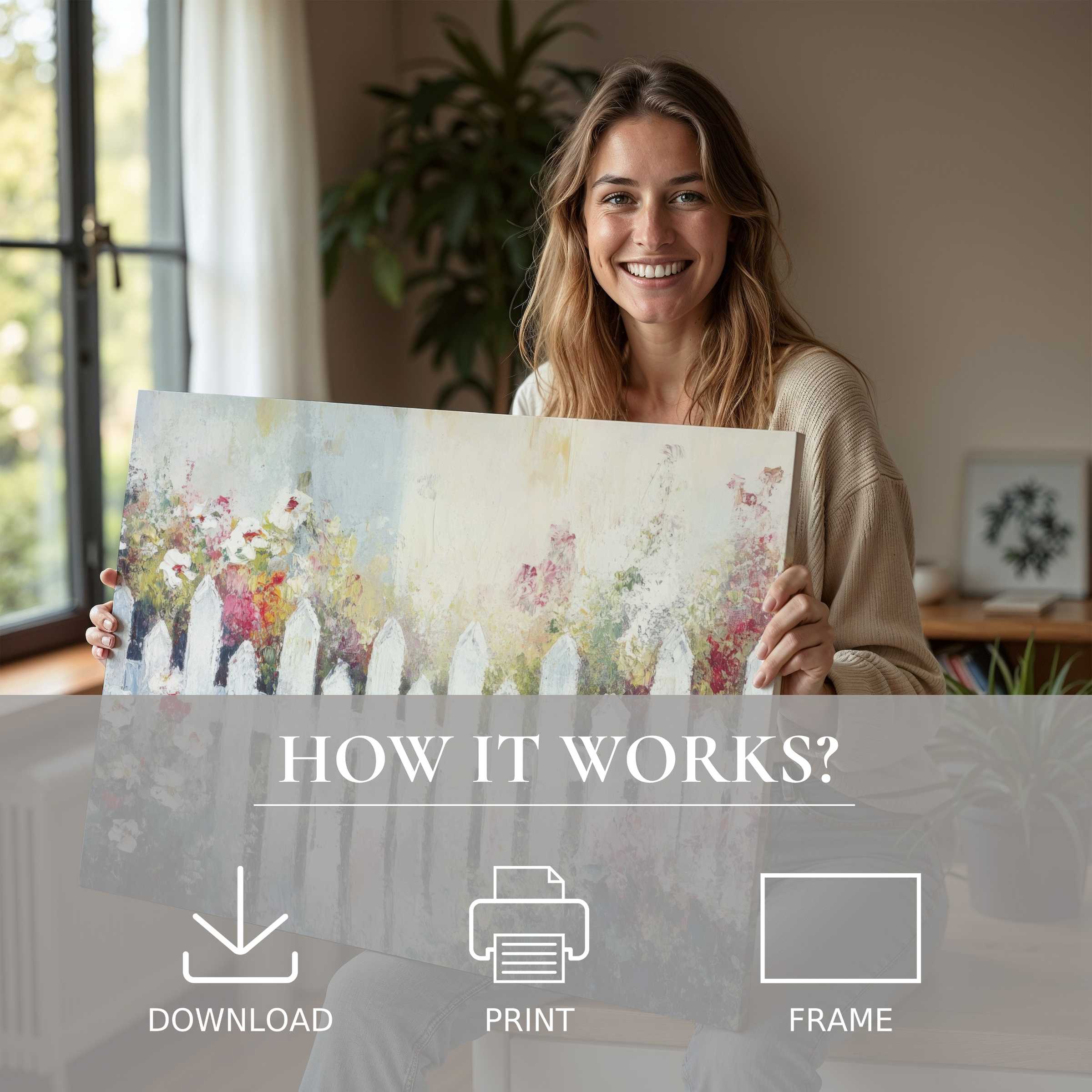 Radiant joy illuminates a modern home as she embraces a farmhouse digital art print, blending timeless charm with effortless elegance