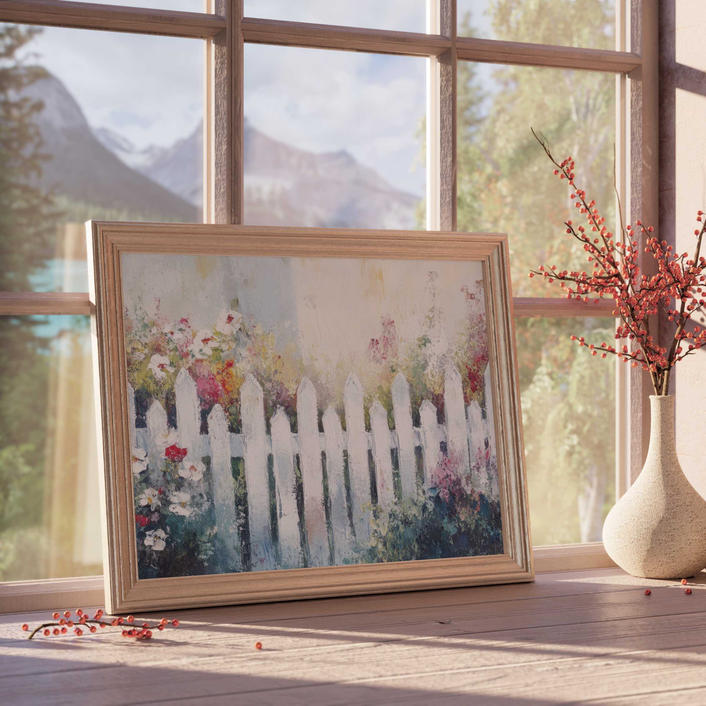 Farmhouse downloadable art featuring a serene white picket fence and blooming garden, perfect for tranquil, curated interiors