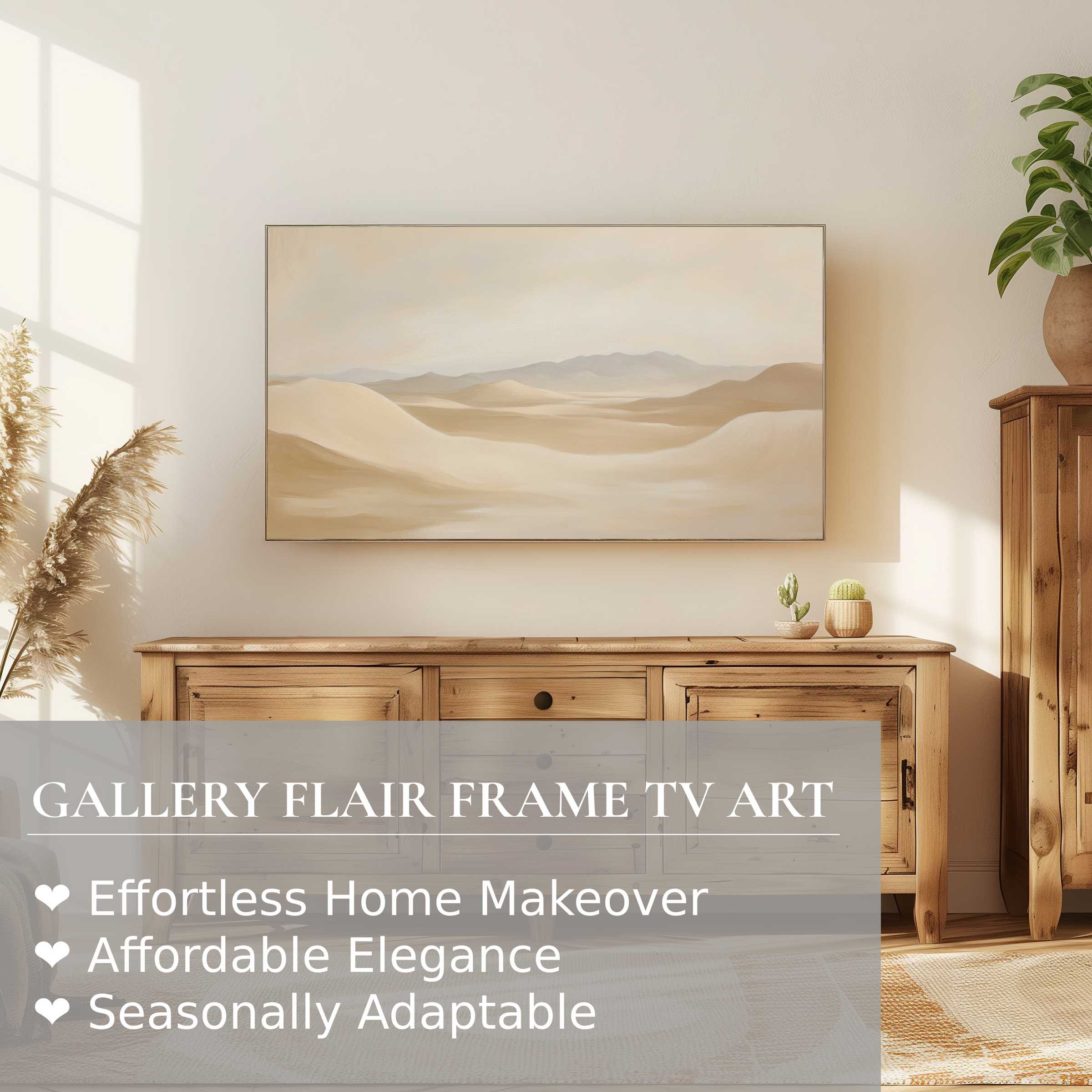 Samsung Frame TV displays neutral digital artwork of soft desert hues in a modern, elegant home setting
