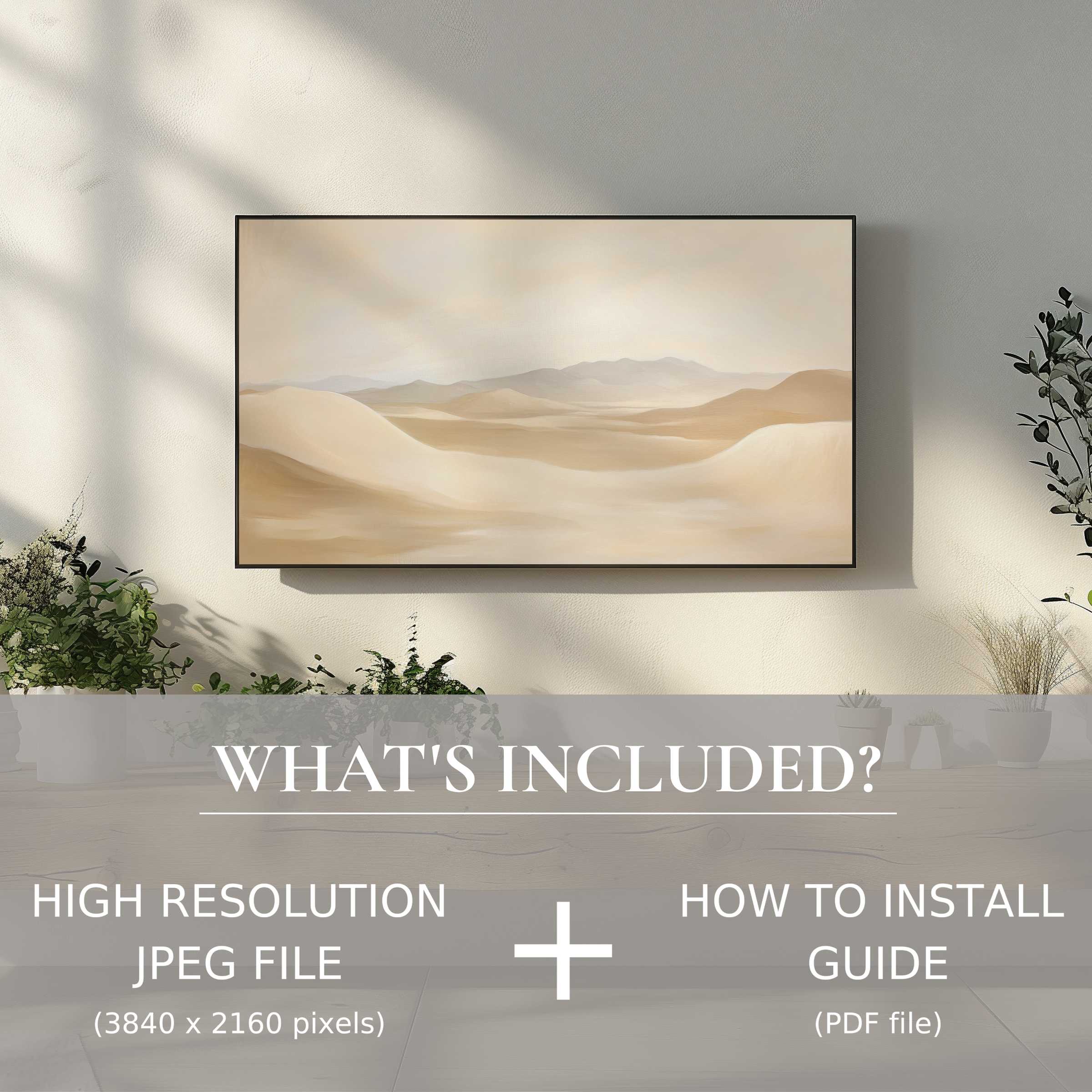 Elegant neutral digital TV art download enhances living spaces with easy digital use in a modern, stylish setting