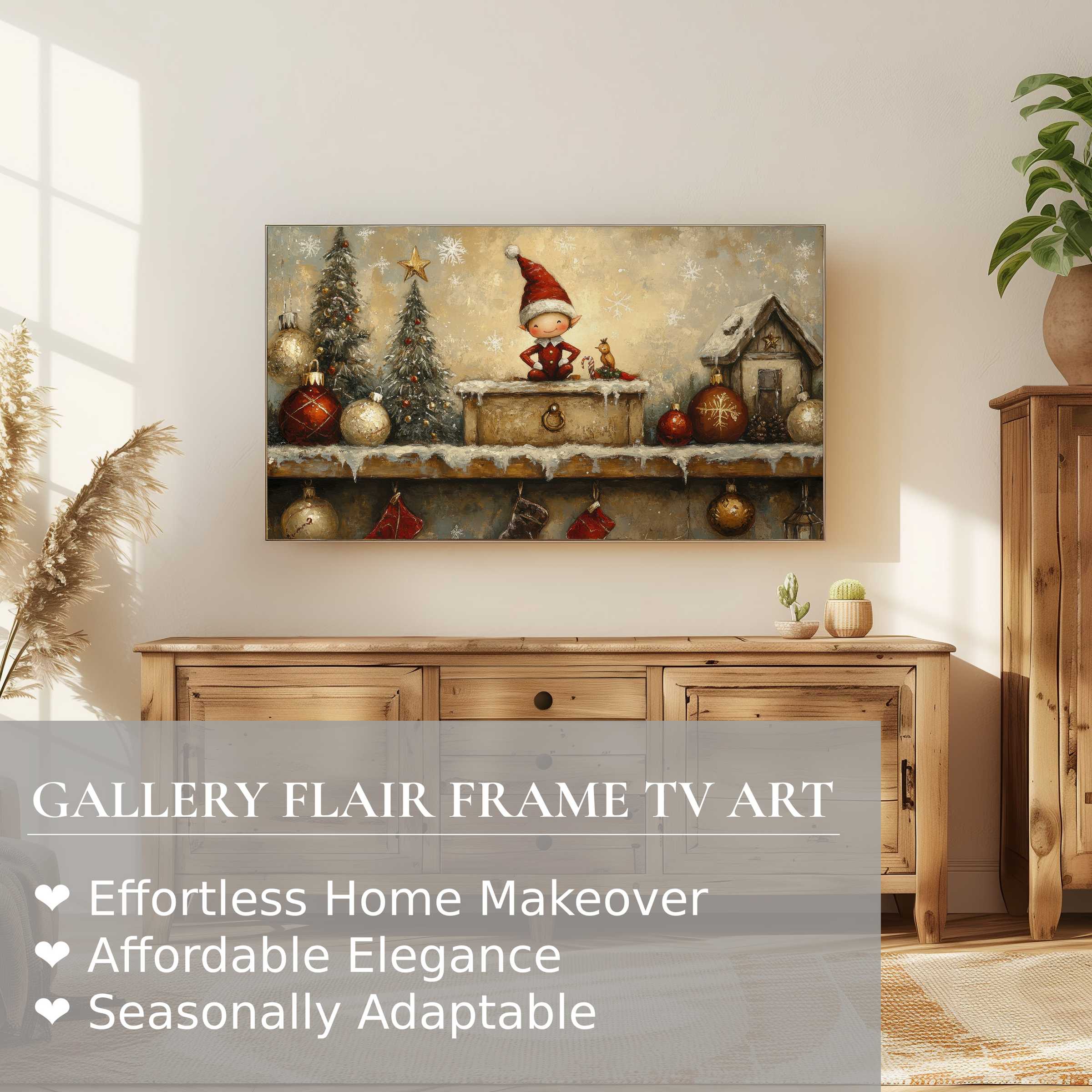 Samsung Frame TV showcases charming christmas digital artwork in a cozy, modern setting for refined home decor enthusiasts