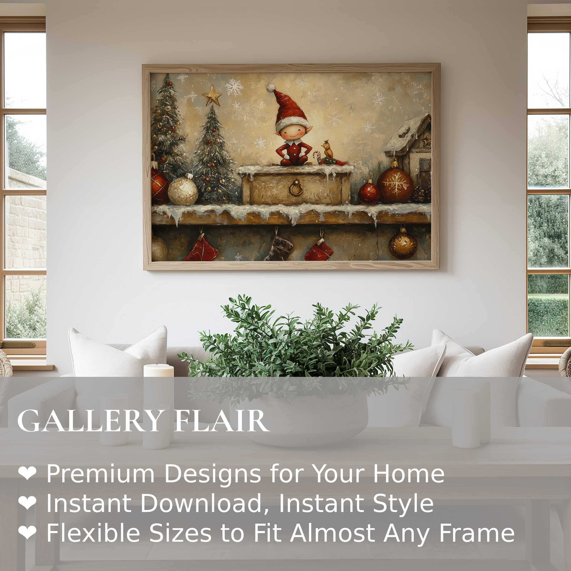 Christmas wall art print featuring a whimsical elf and festive ornaments in a cozy, modern living space, adding warmth and charm