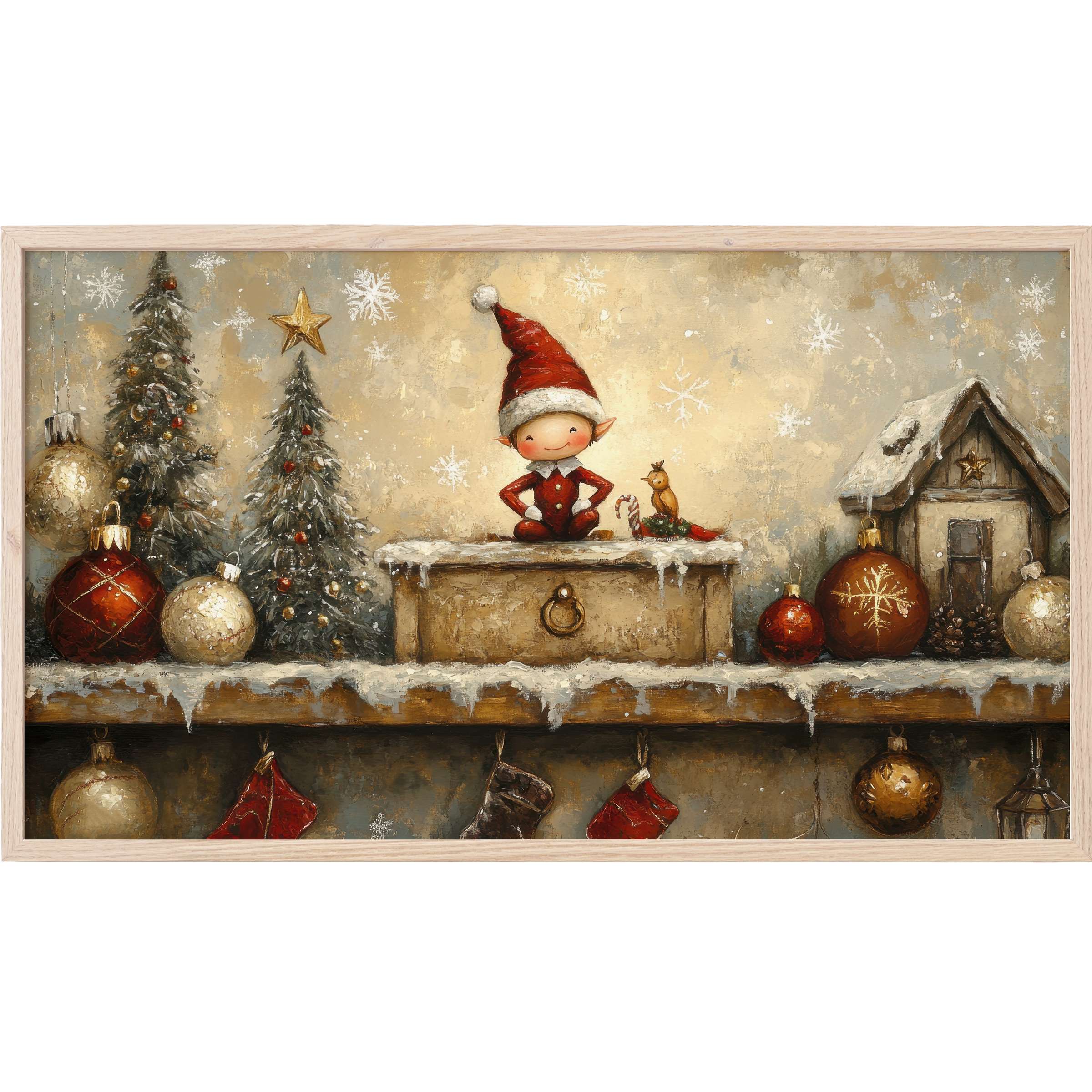 Whimsical elf and snowy holiday decor in warm neutrals and red hues, a charming christmas Frame TV Art