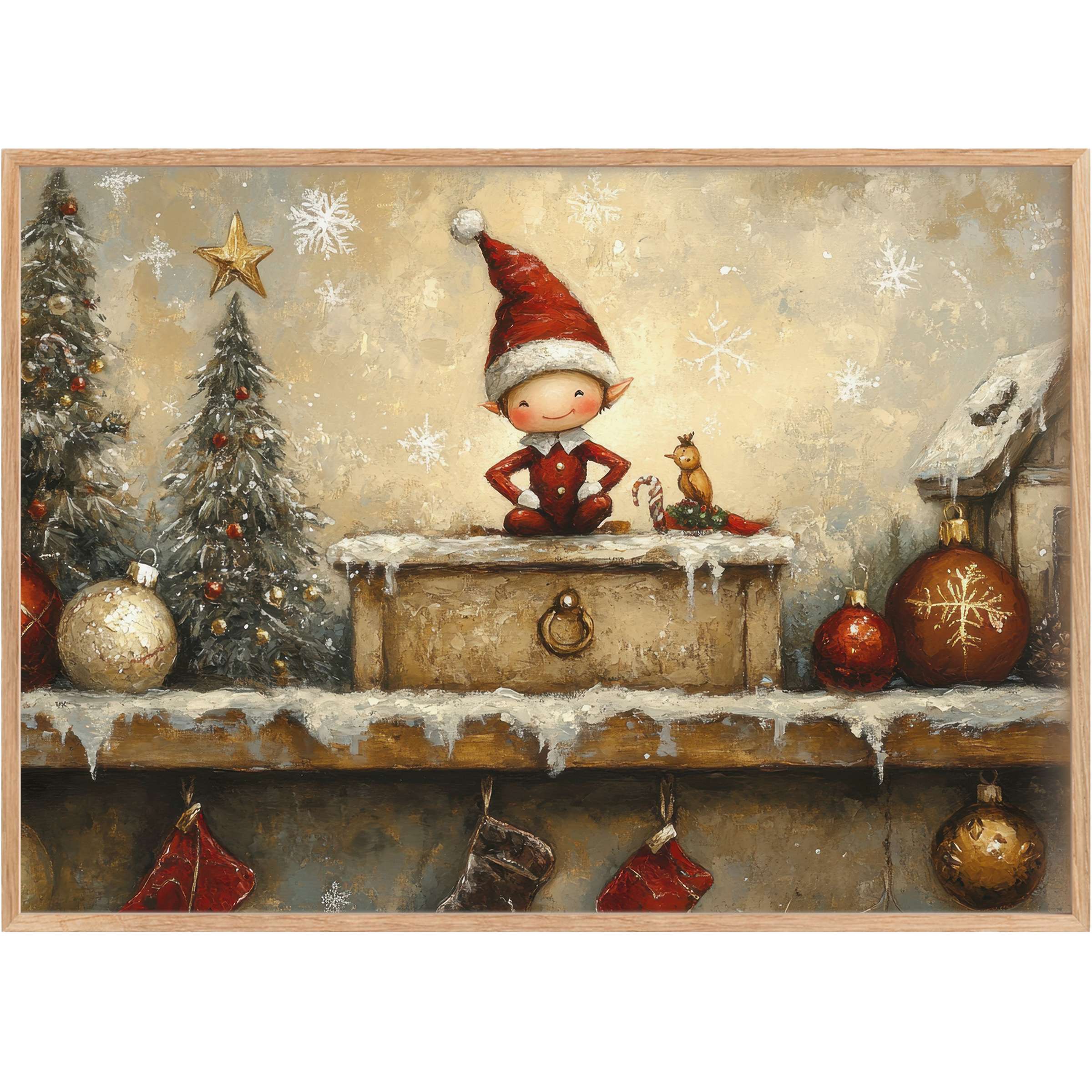 Whimsical Christmas printable wall art featuring a cheerful elf and warm gold, red tones for a joyful, cozy holiday glow
