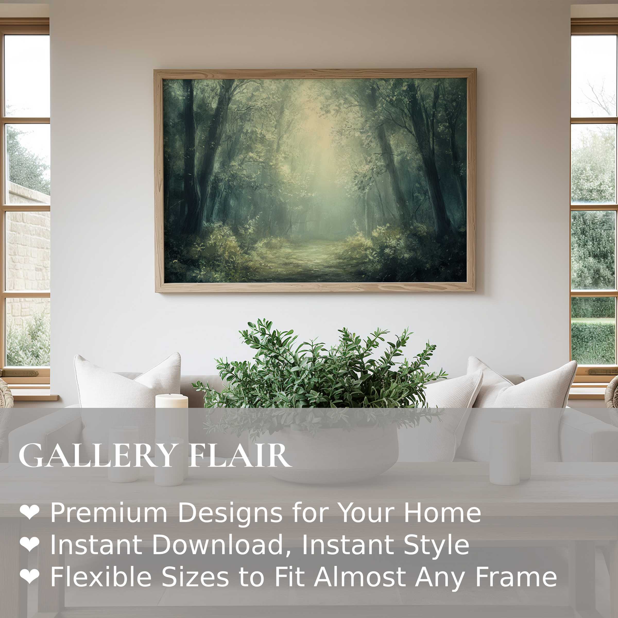 Vintage wall art print of an ethereal forest path, exuding calming, soft radiance; perfect for elegant, modern natural interiors