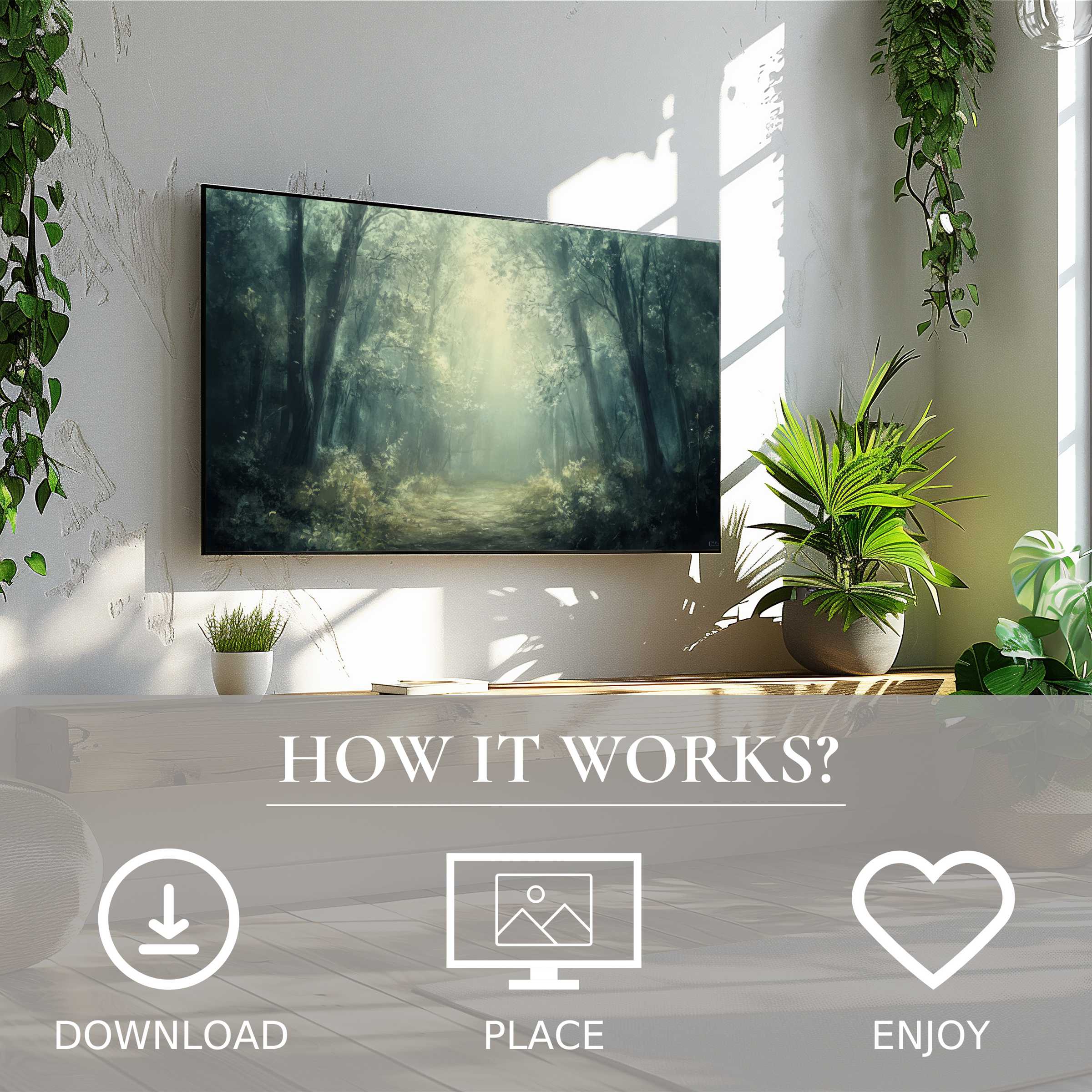 Vintage art for Samsung TV shows soft forest light, easy digital download, enhancing modern living spaces with natural calm