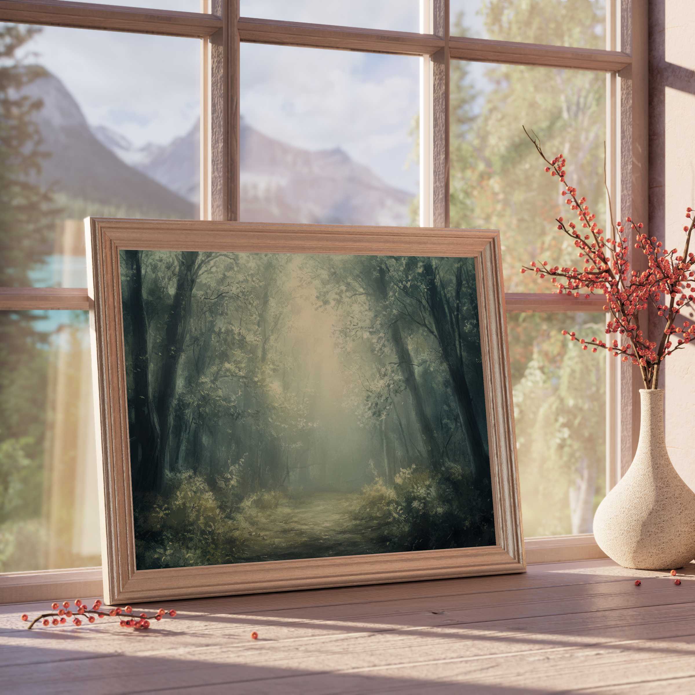 Vintage downloadable art capturing a serene forest glade, infusing curated interiors with calm, timeless elegance and warm natural light
