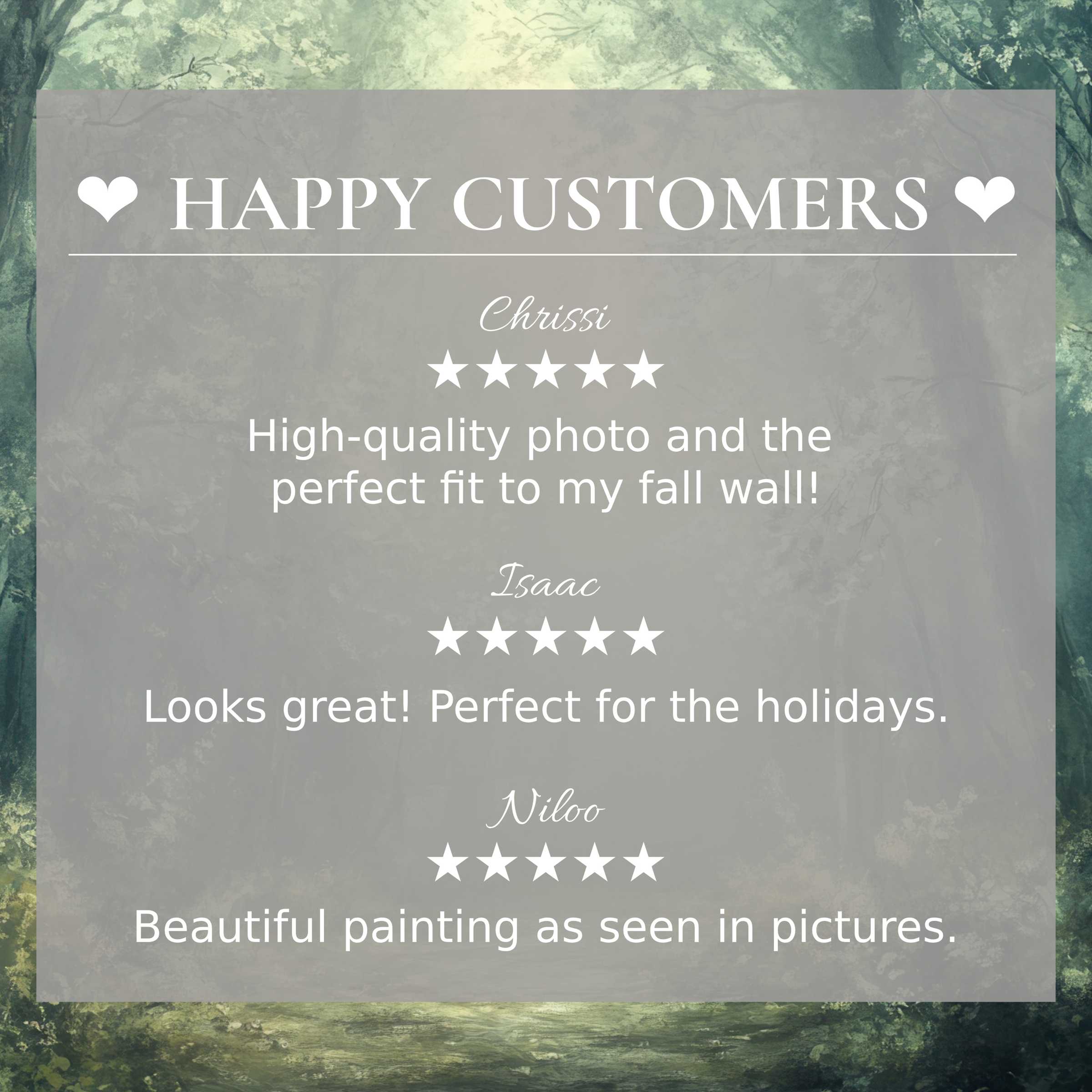 Vintage art for Frame TV with serene forest tones; happy customer reviews enhance trust and elegant ambiance