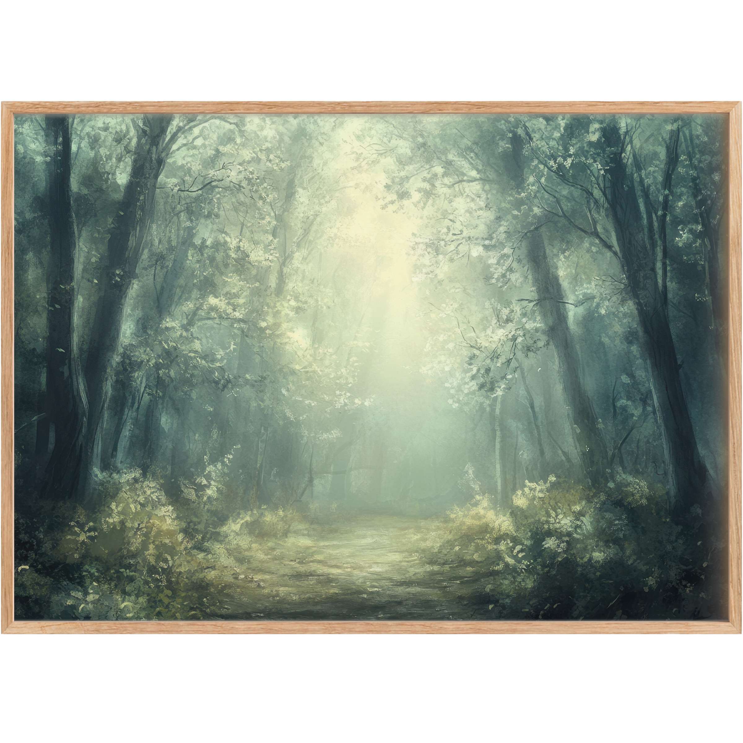 Ethereal vintage printable wall art featuring a misty forest path in soft greens and muted golds, evoking calm and mystery