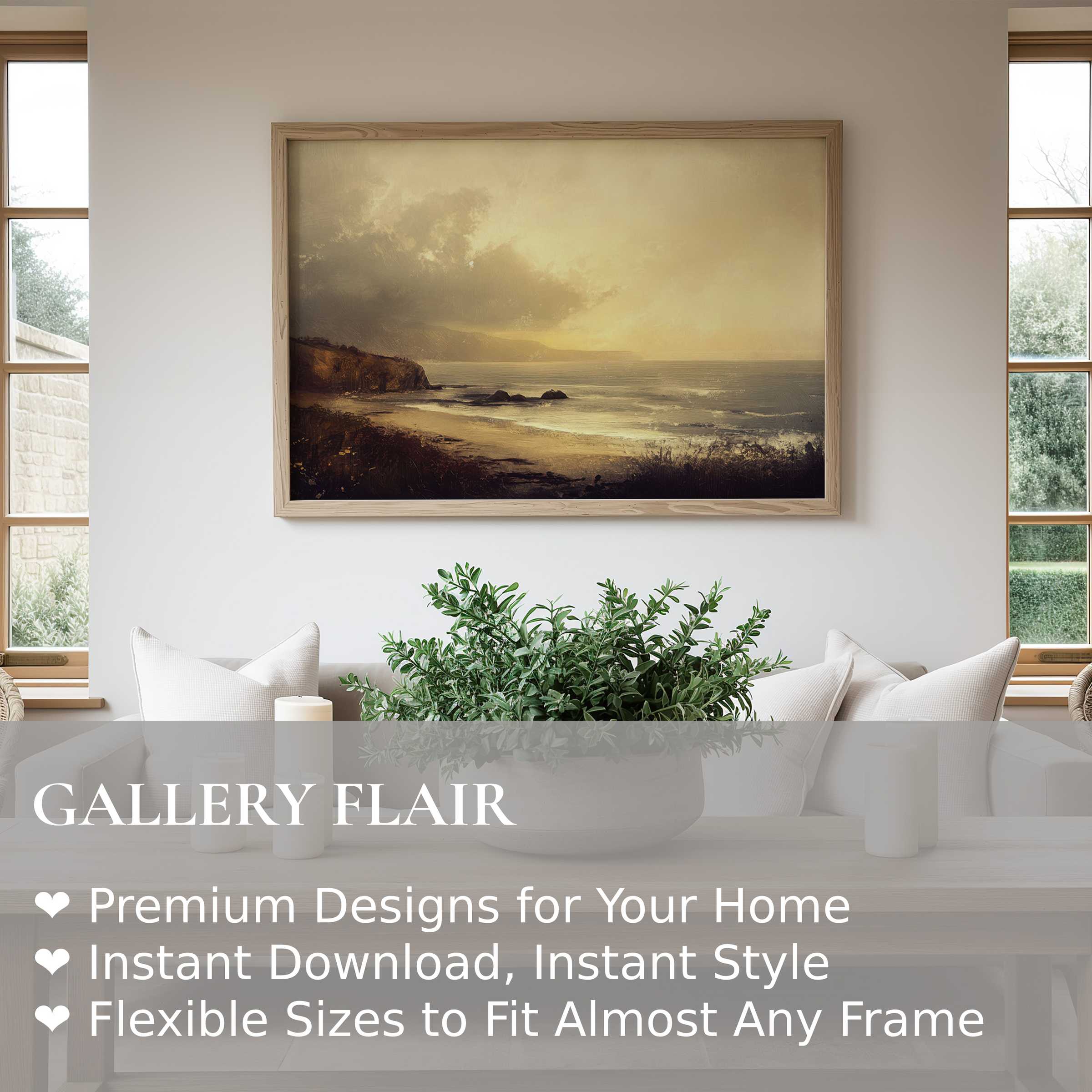 Serene landscape wall art print with muted earth tones enhances this modern minimalist living room, evoking calm and sophistication