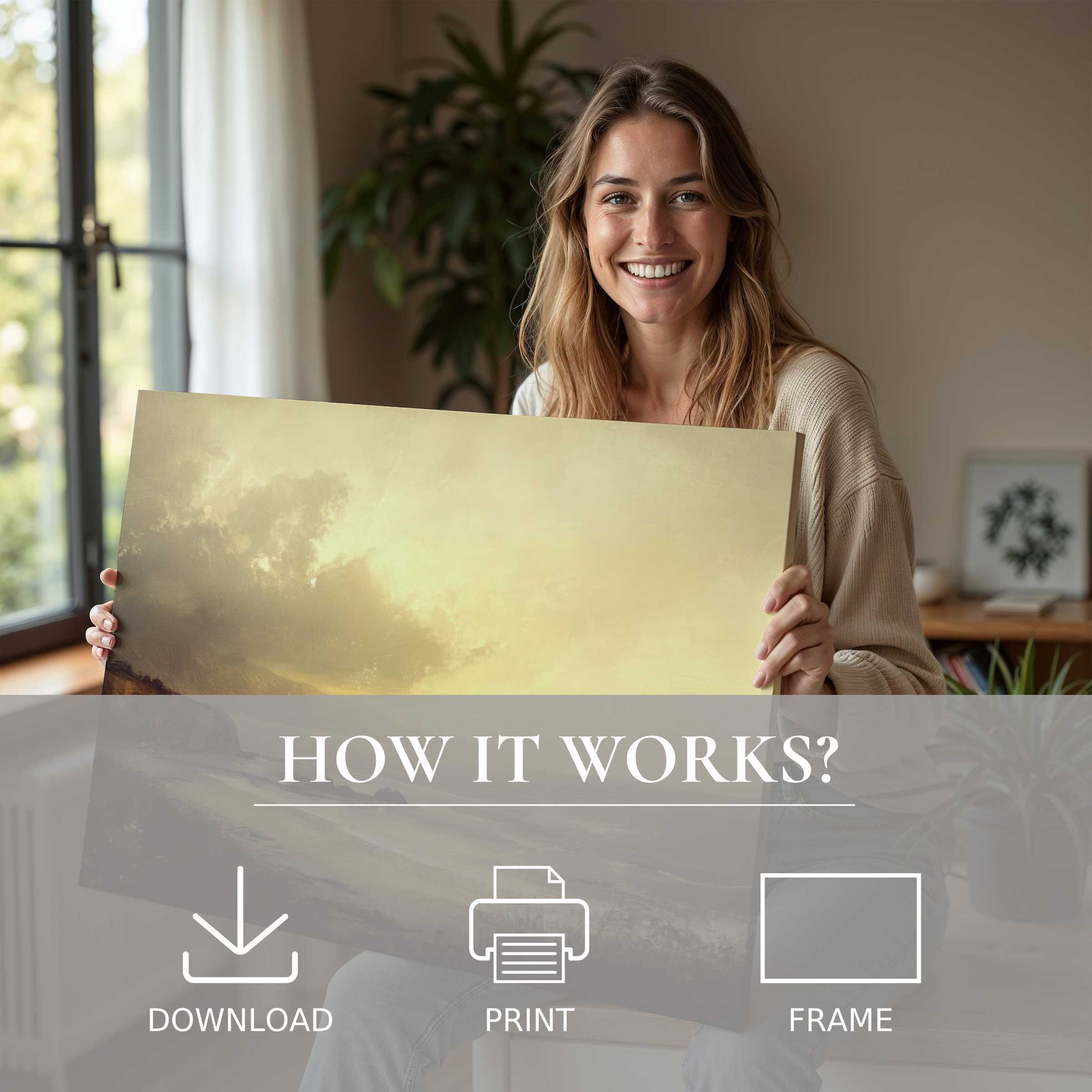 A joyful woman embraces a serene landscape digital art print in a sunlit, modern home, celebrating effortless elegance and connection with art