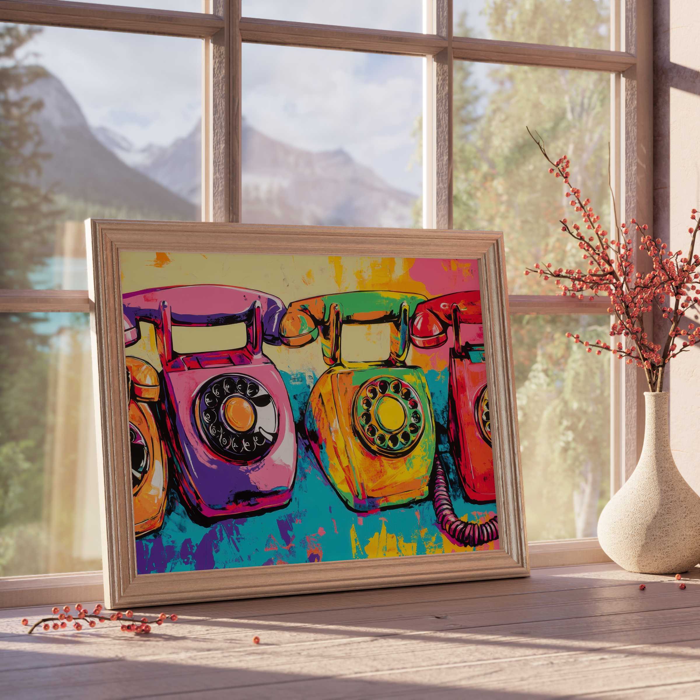 Vibrant pop art downloadable art of retro rotary phones, infusing eclectic charm and bold color into curated, stylish interiors