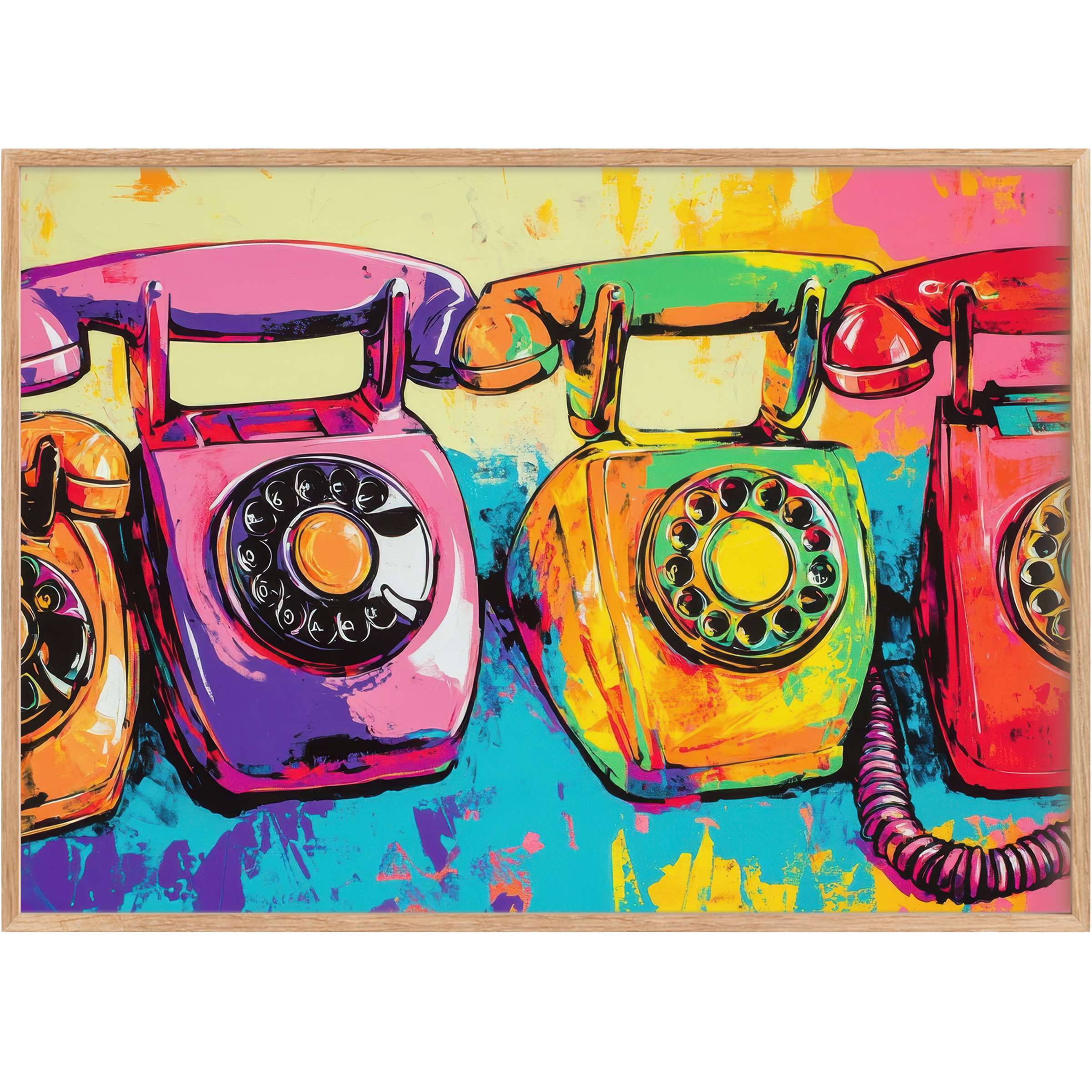 Vibrant pop art printable wall art featuring retro phones in bold pink, yellow, and teal hues, creating a lively, nostalgic atmosphere