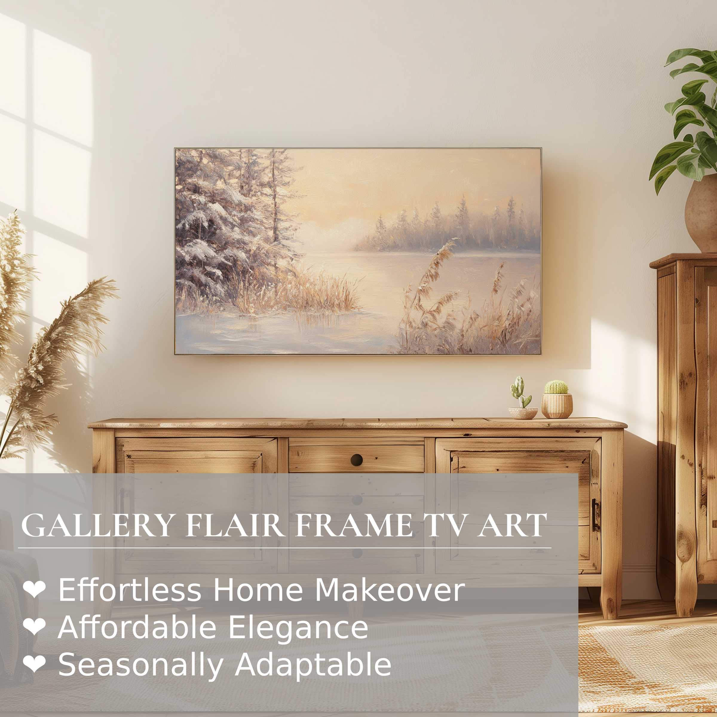 Elegant winter digital artwork of serene snowy landscape on Samsung Frame TV, perfect for refined home decor
