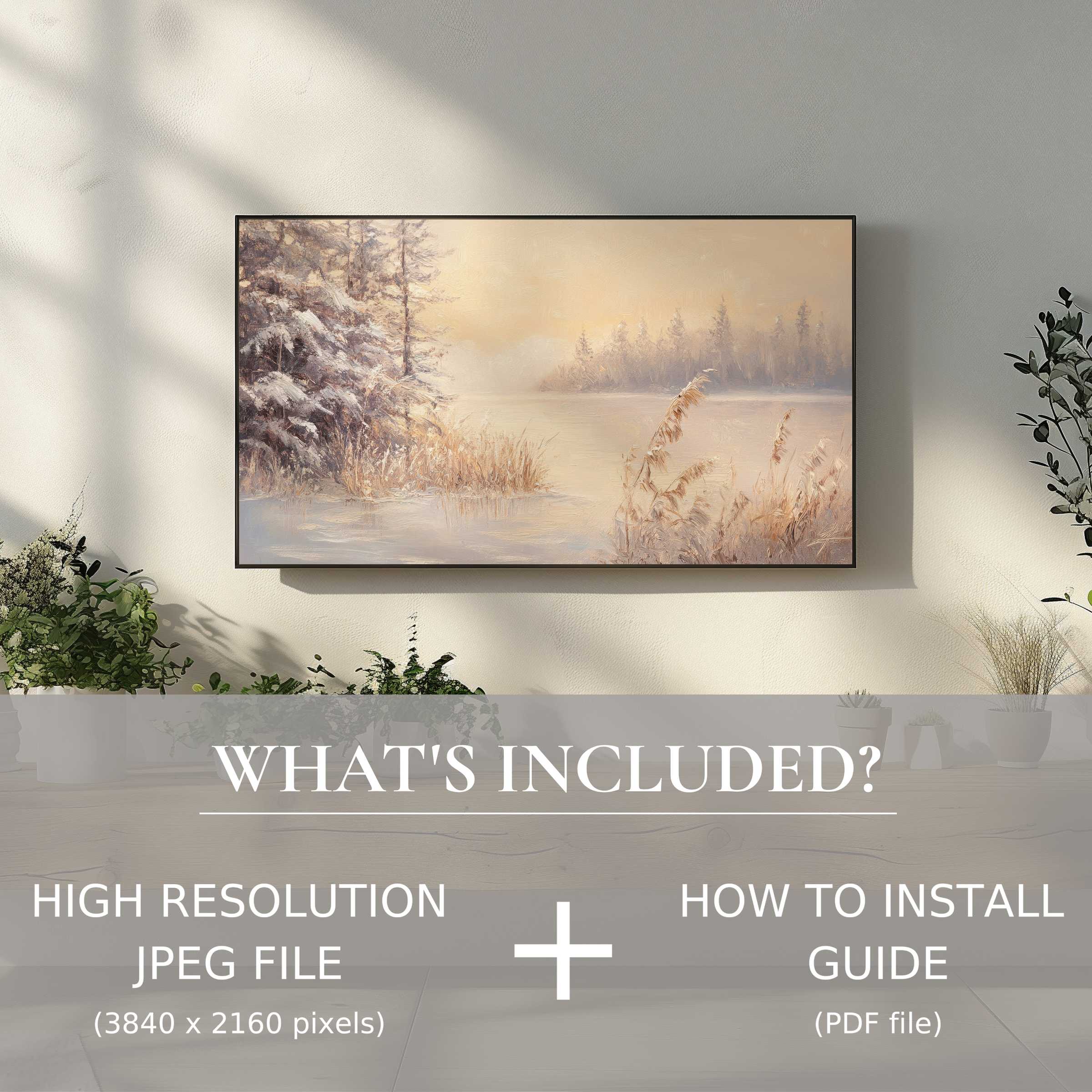 Modern living room enhanced by winter digital TV art download, easy digital use with high-res beauty and style
