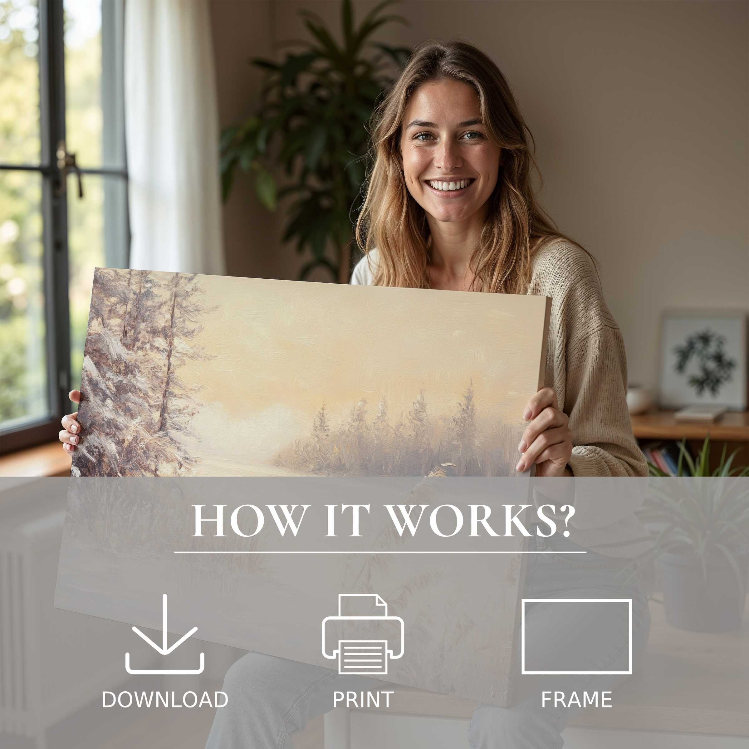 A joyful moment in a stylish, light-filled home capturing the serene connection with a winter digital art print, inviting effortless elegance through download, print, and frame