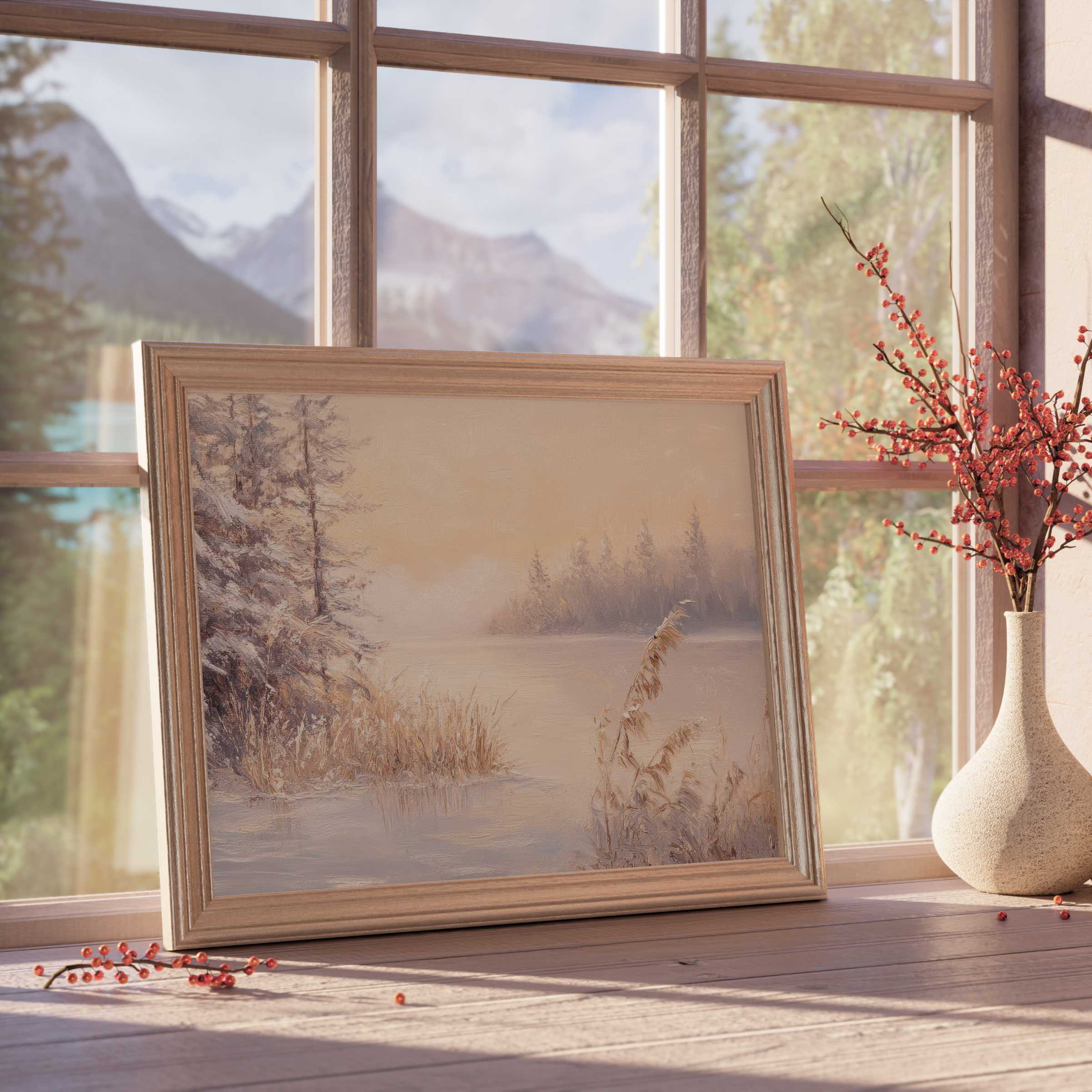 Winter downloadable art capturing serene snowy woods and tranquil frozen lake, perfect for curated, elegant interiors