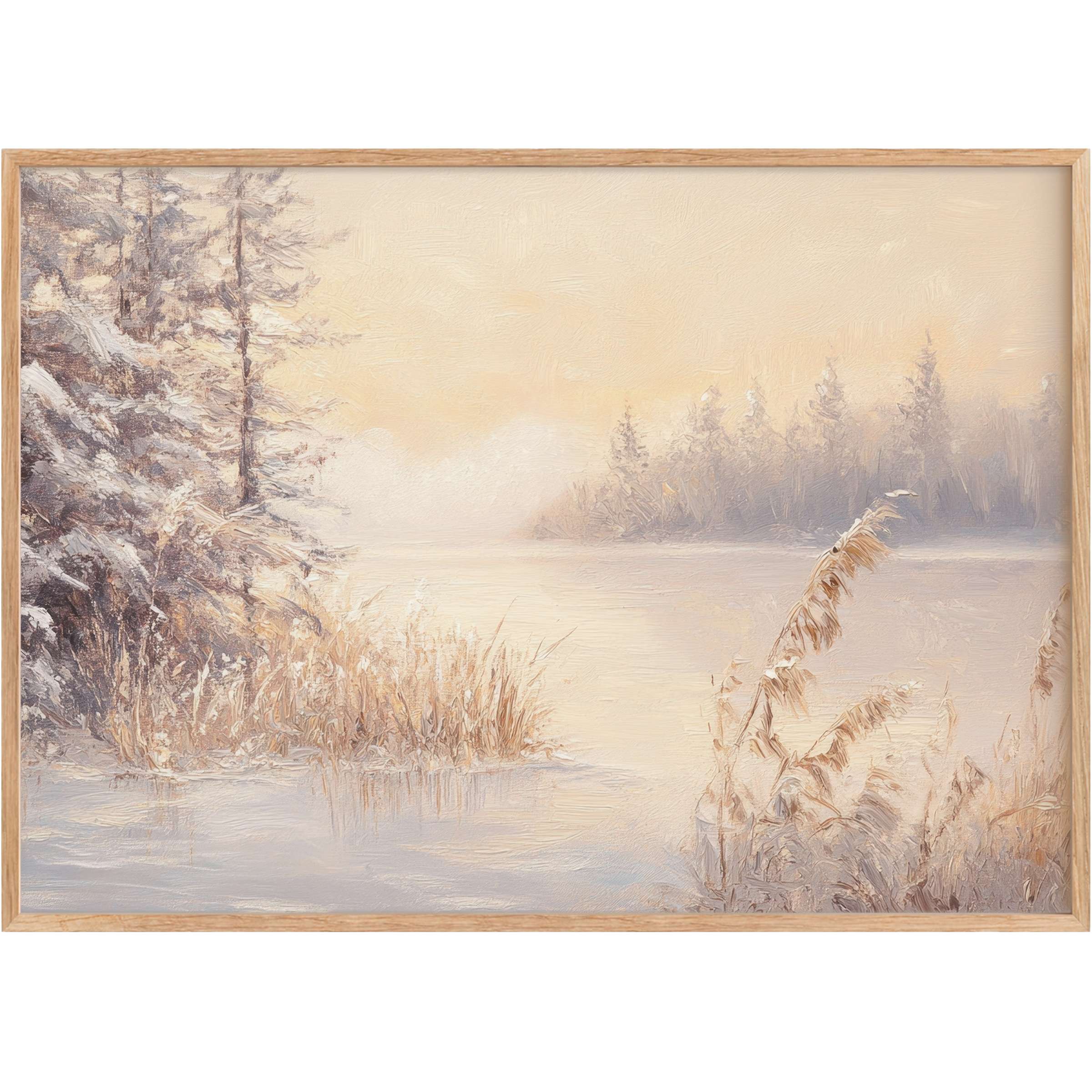 Winter printable wall art capturing a serene lakeside dawn with soft beige and muted greys, evoking calm warmth and timeless elegance