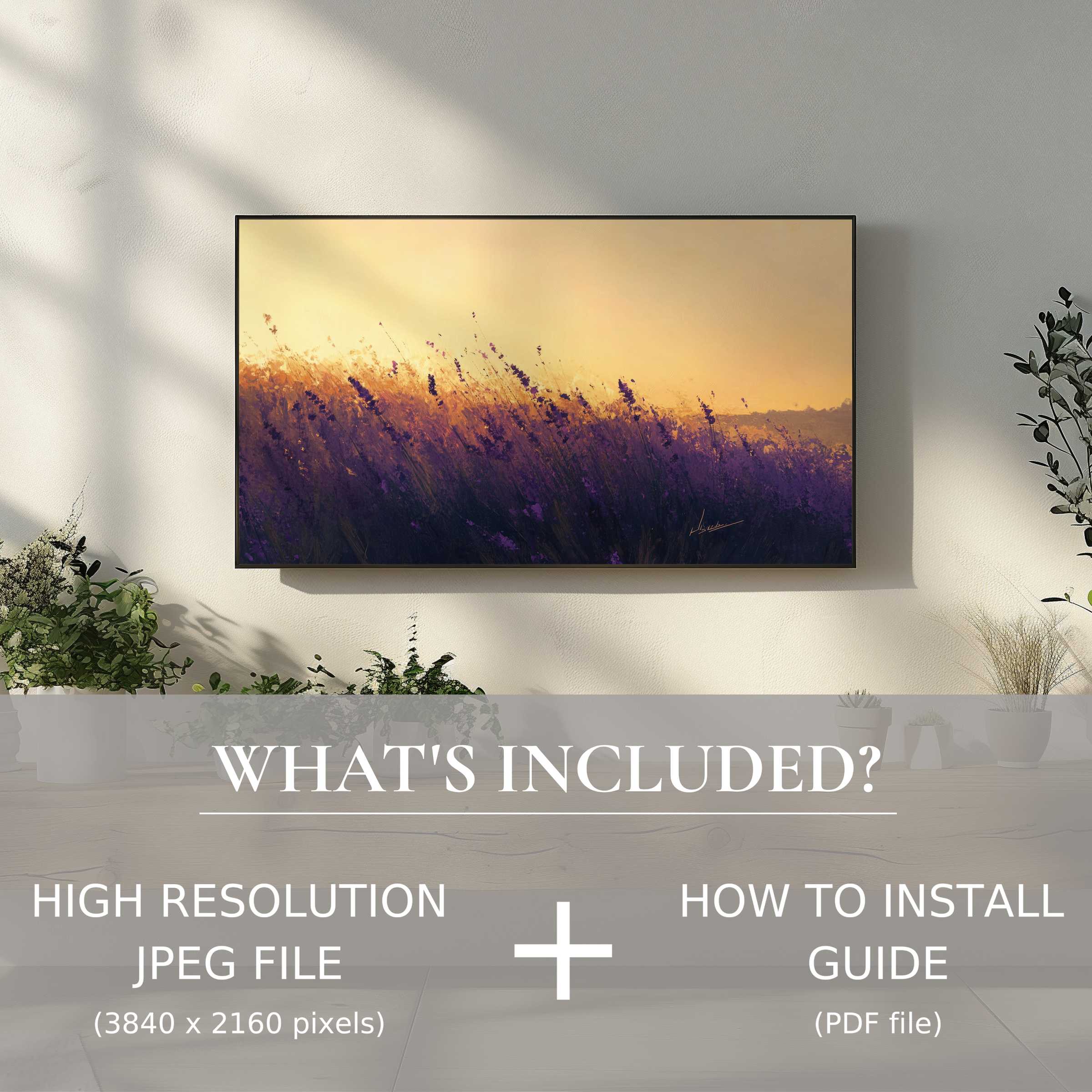 Elegant summer digital TV art download showcasing lavender fields, enhancing your space with effortless digital style