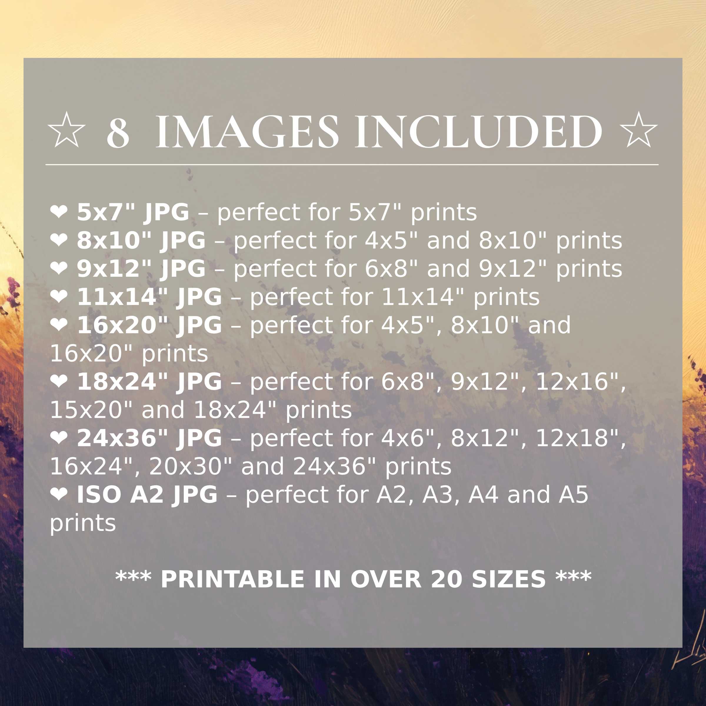 Radiant summer digital print blending warm golds and deep purples, elevating modern interiors with style and 8 high-quality sizes included