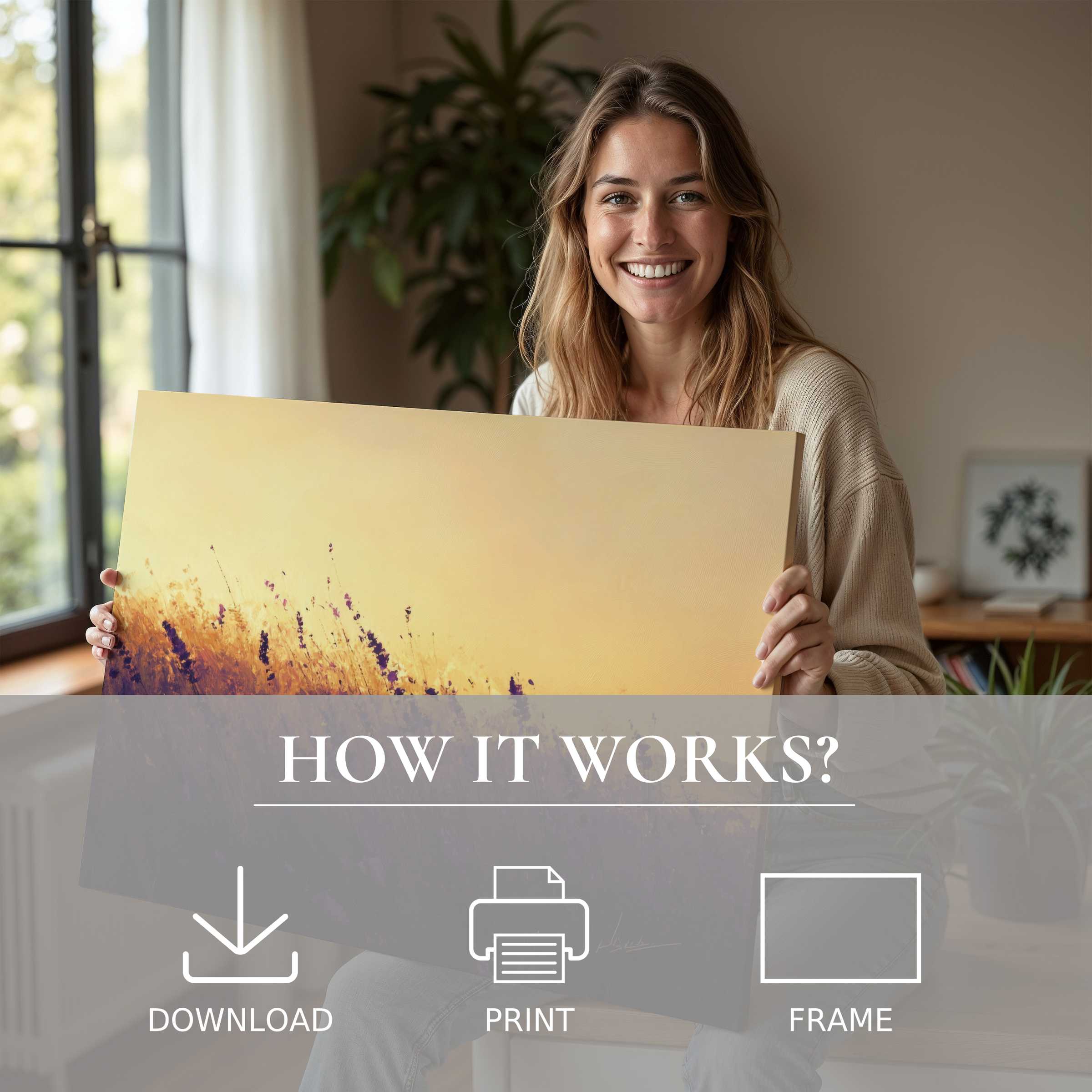 Radiant summer digital art print uplifting a modern living space, capturing joy and seamless beauty of art at home