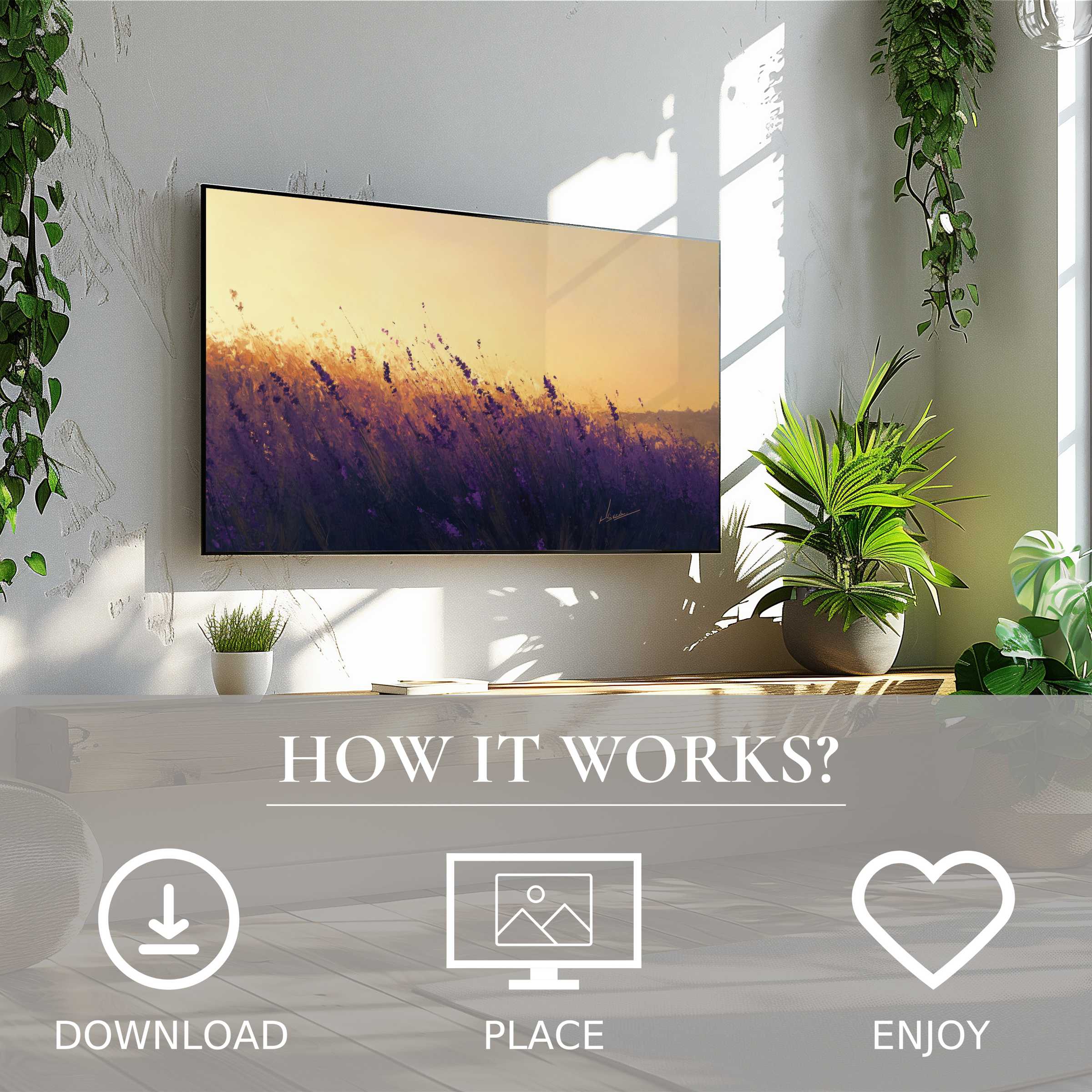Summer art for Samsung TV, soft sunset tones on Frame TV, easy digital download enriches any modern living space