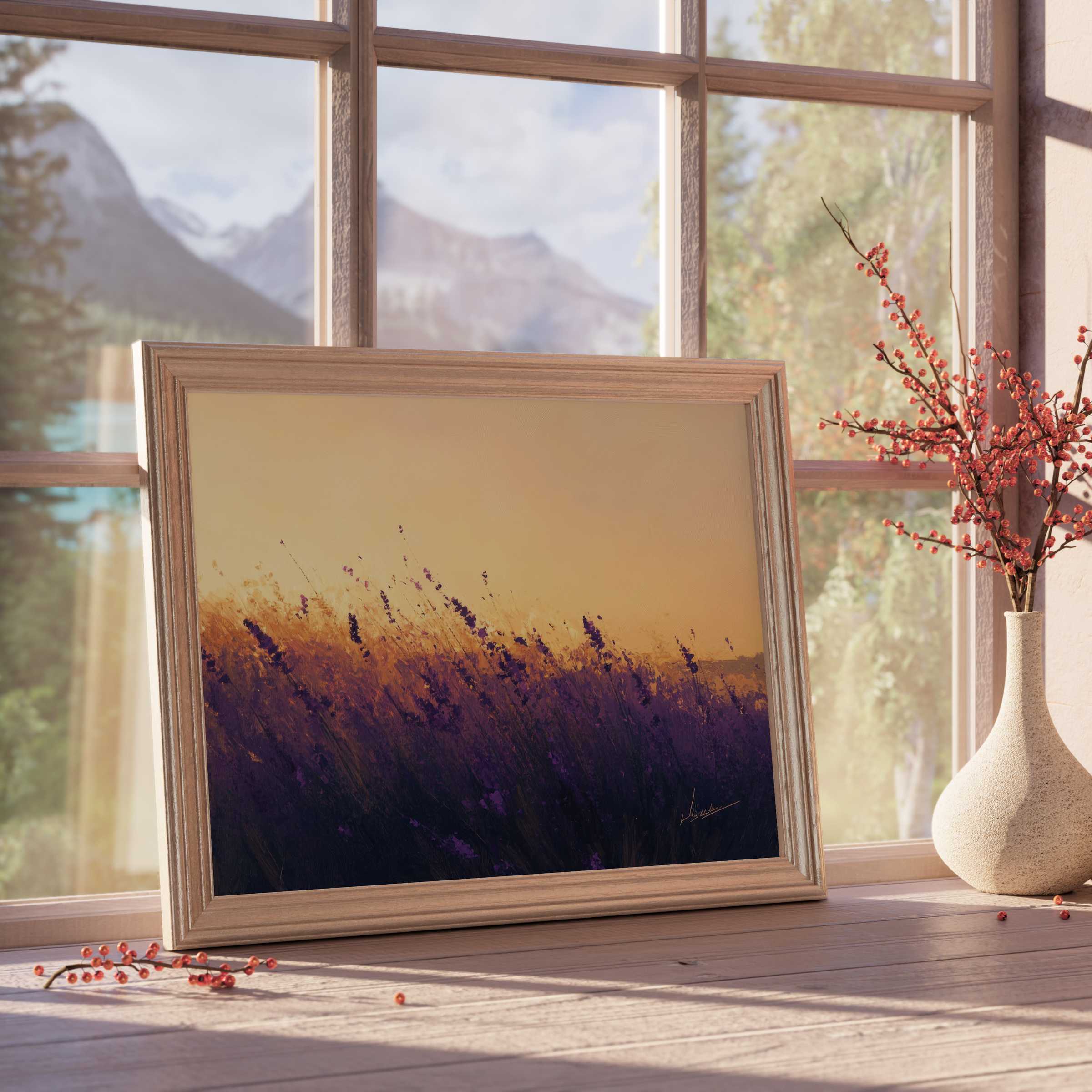 Summer downloadable art capturing golden hour lavender fields, infusing curated spaces with tranquil warmth and timeless elegance