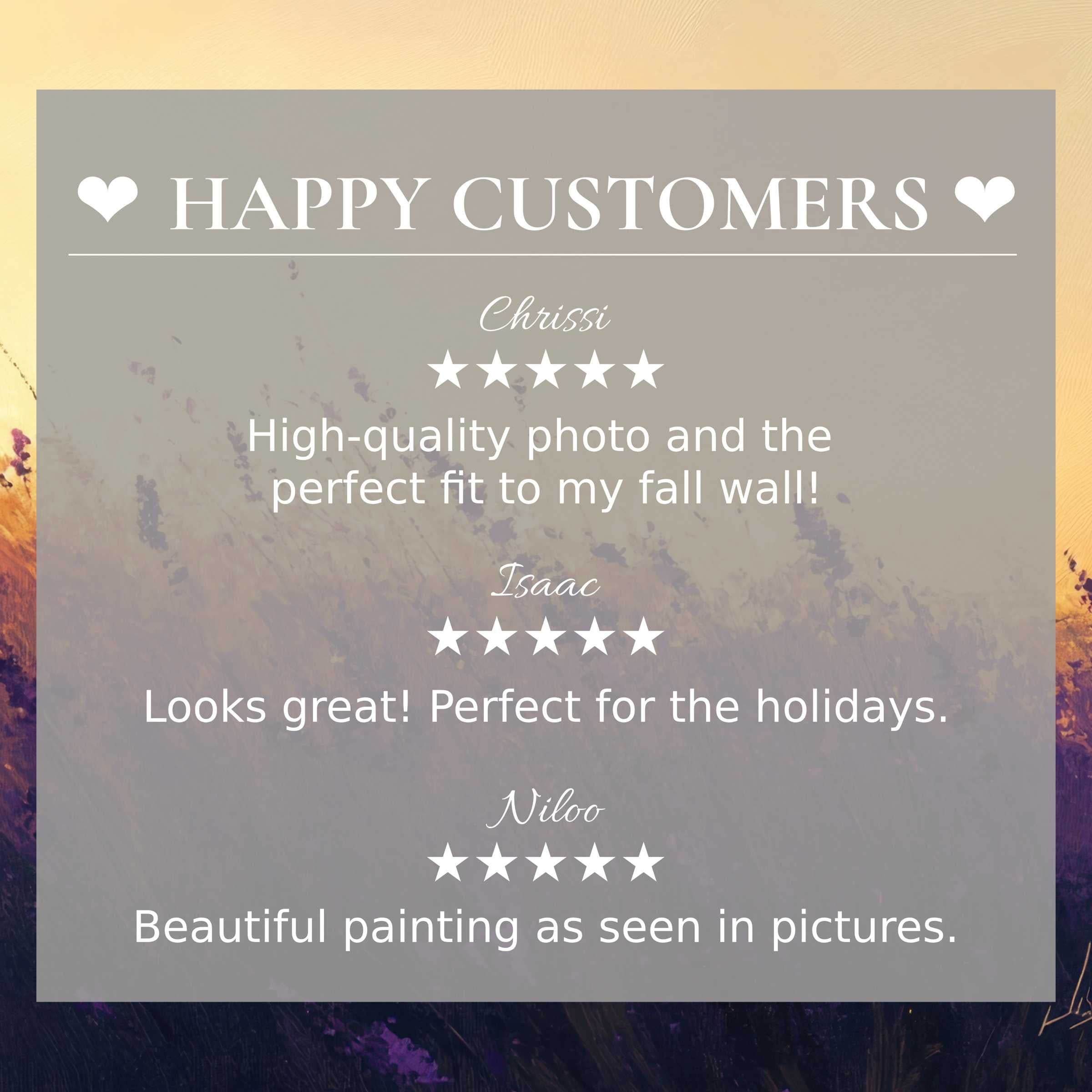 Elegant layout with abstract sunset colors highlights happy customer reviews of summer art for Frame TV, building trust