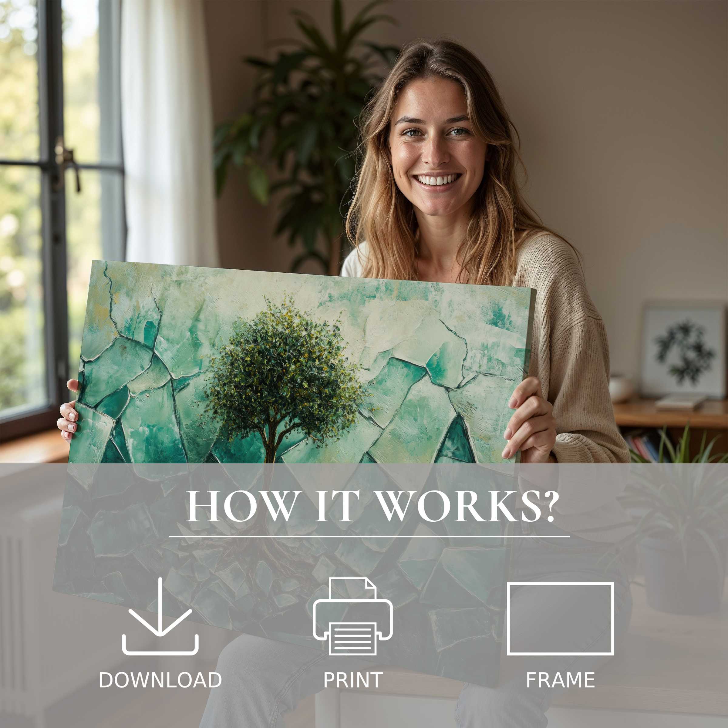 Woman in a modern home joyfully embracing a street art digital art print, embodying serene connection and effortless style