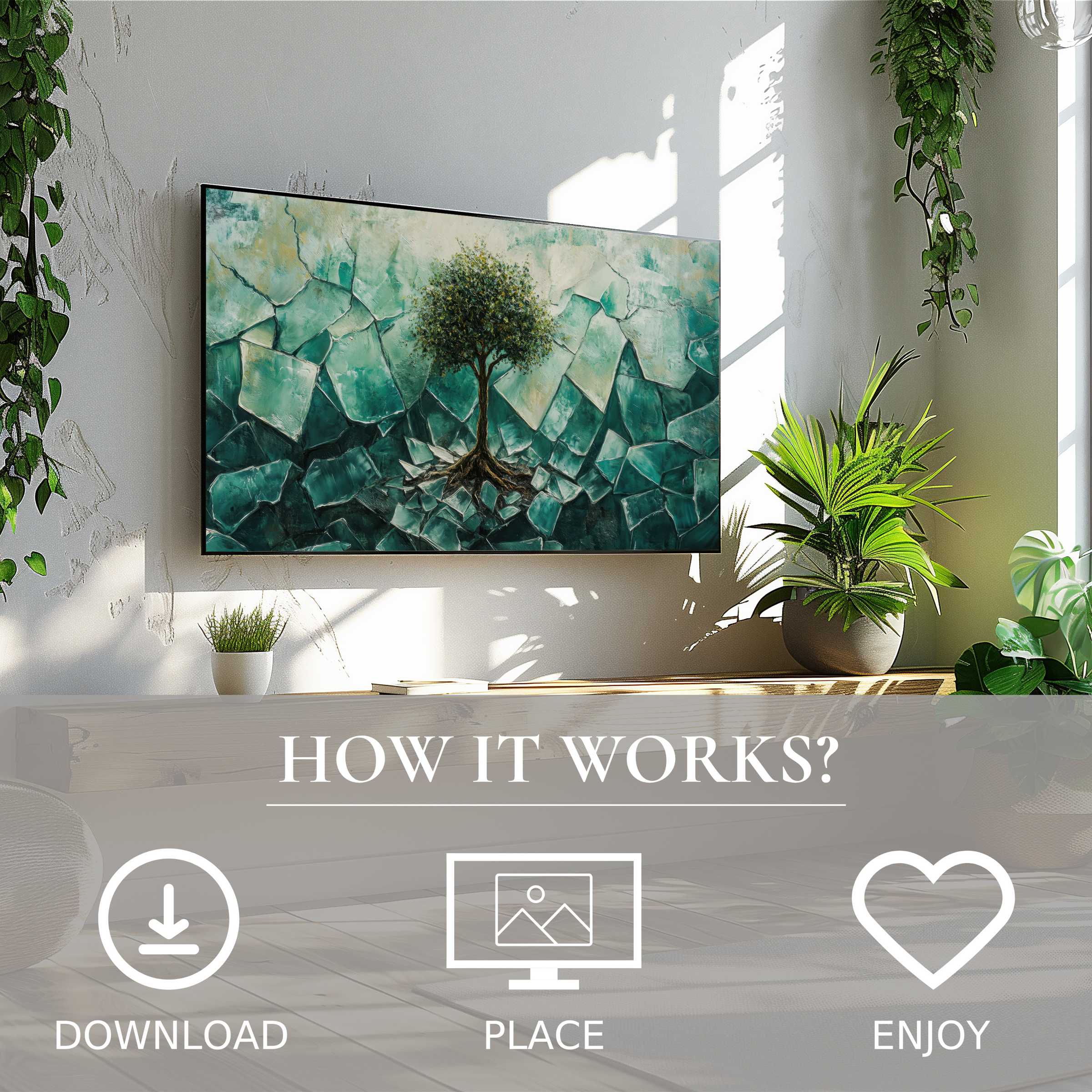 Modern living room with green plants showcasing street art for Samsung TV; digital download enriches space with color flow motif