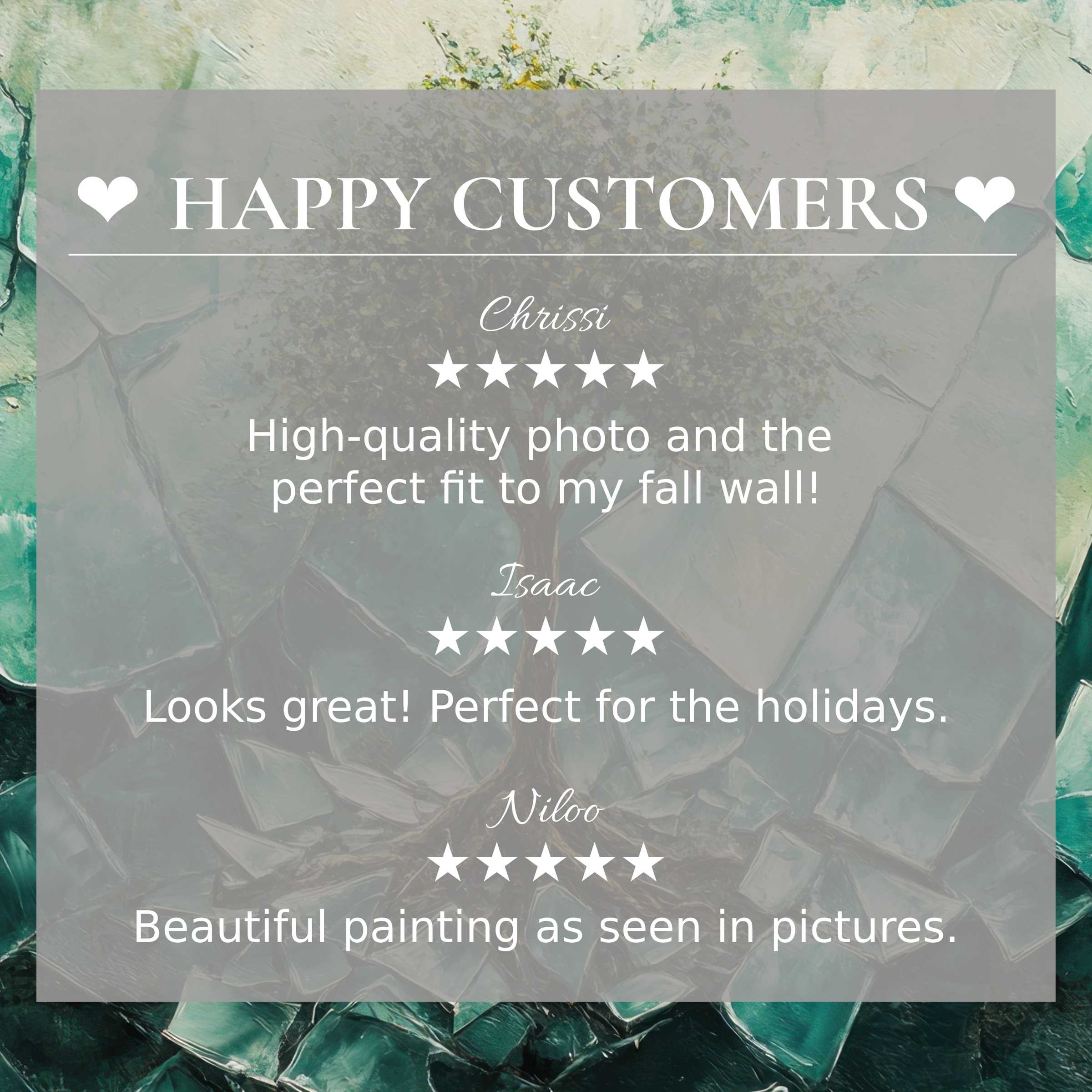 Street art for Frame TV with abstract mosaic tree backdrop showcases happy customer reviews and elegant design