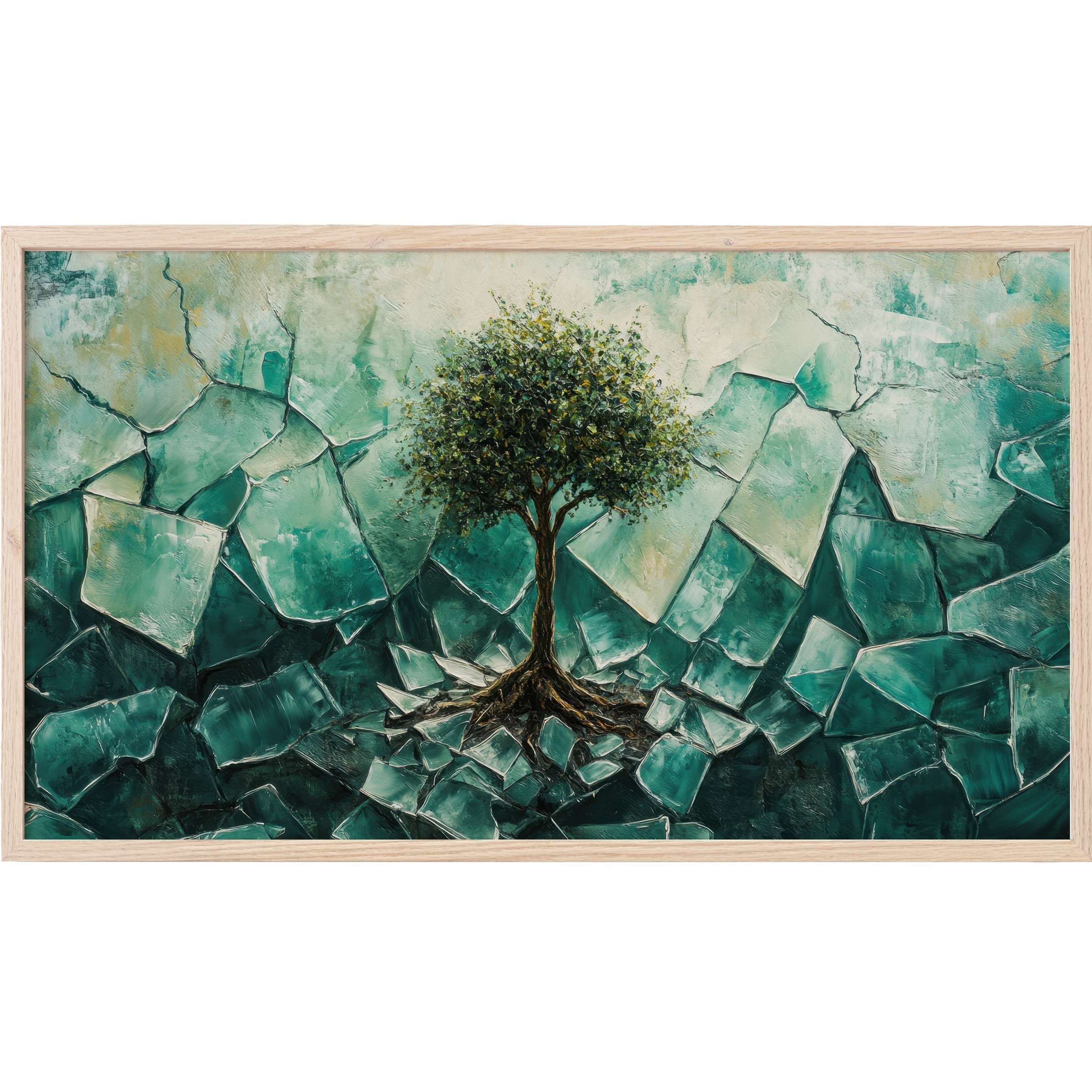 Elegant street art Frame TV Art with a textured green and teal cracked background and a solitary tree centerpiece