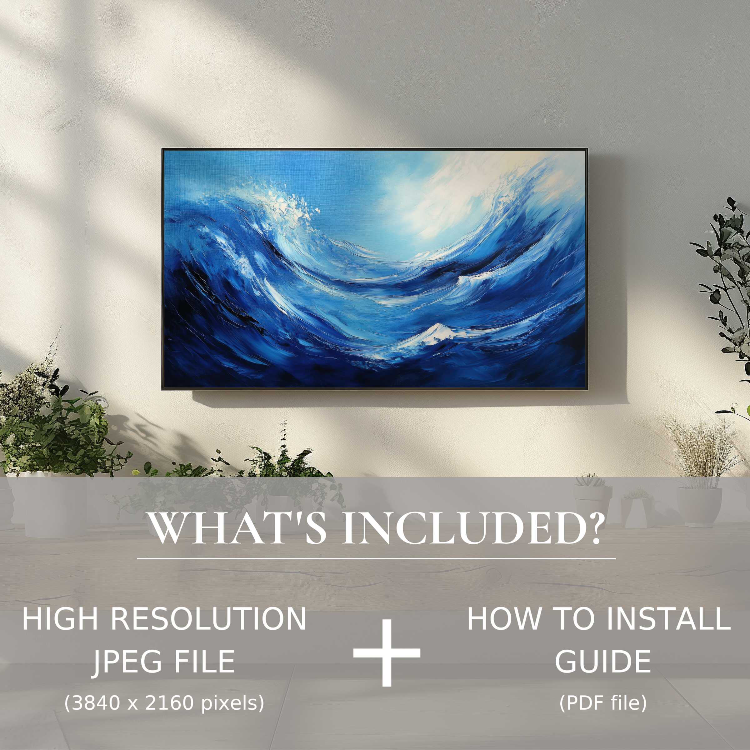 Modern digital TV art download showcasing vibrant ocean waves, elevating living spaces with easy digital use and style