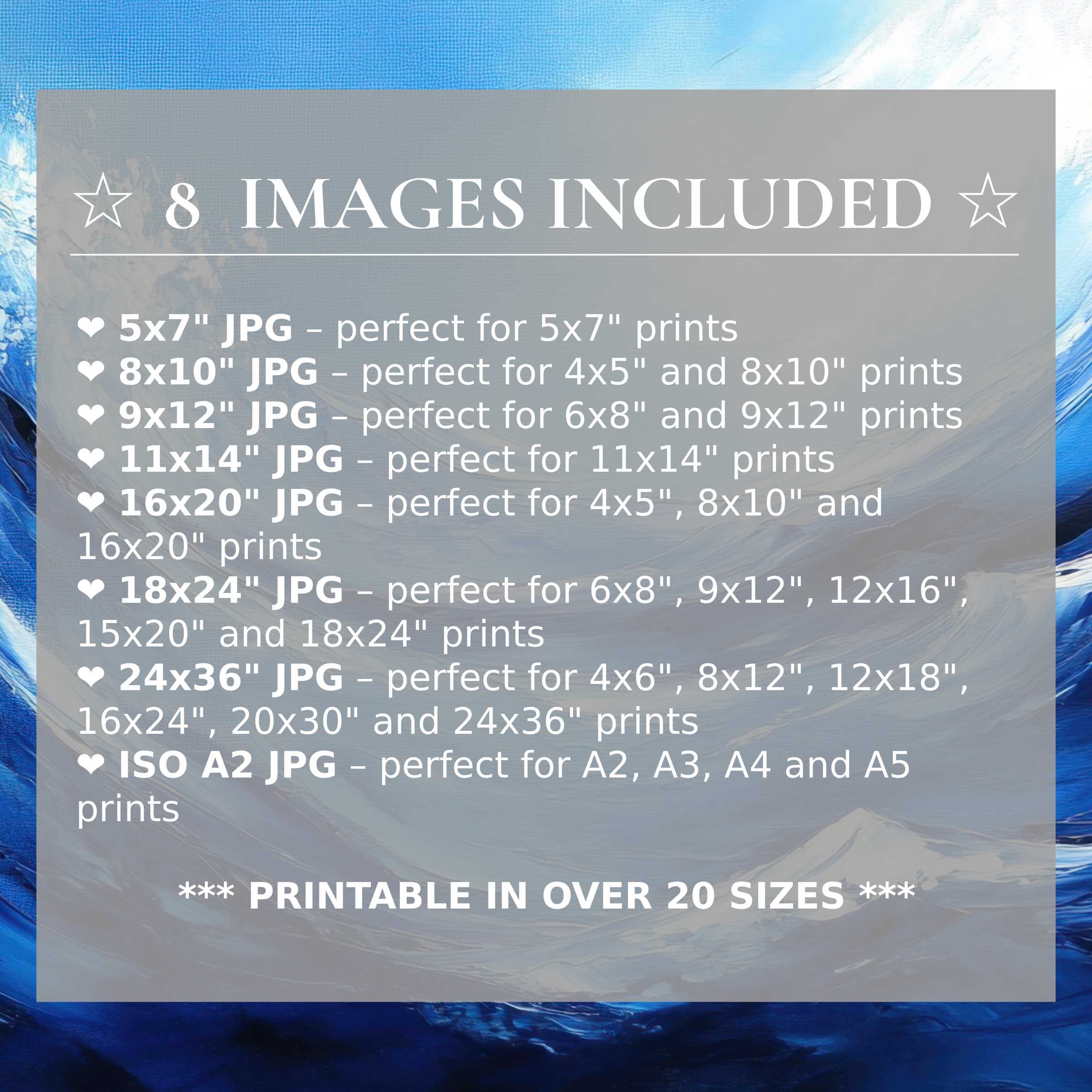 Radiant modern digital print in soothing blues and whites, offered in 8 high-quality sizes to elevate stylish interiors with versatile luxury