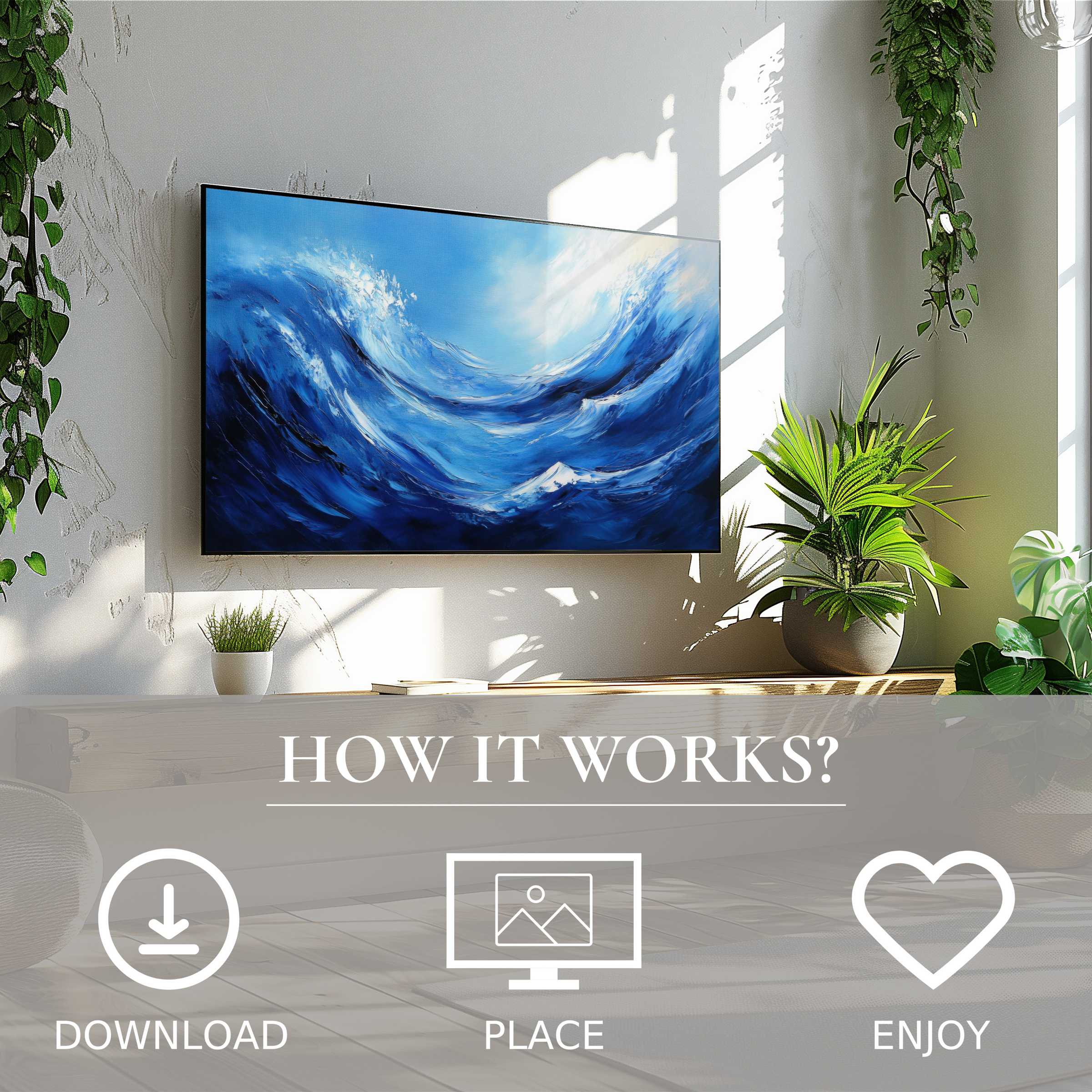 Modern art for Samsung TV depicting dynamic blue ocean waves, easy digital download to enrich your living space