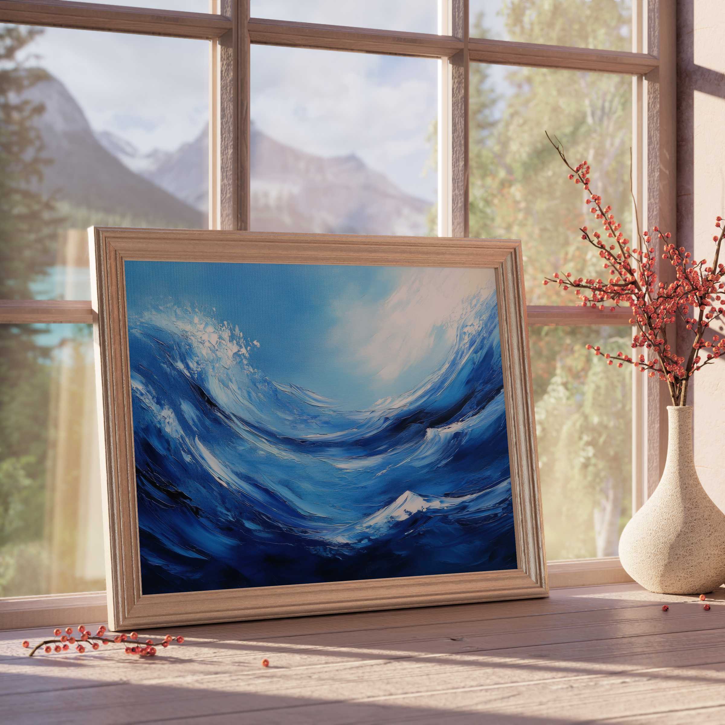 Modern downloadable art showcasing dynamic ocean waves in vivid blues, enriching tranquil, design-forward interiors with curated coastal elegance