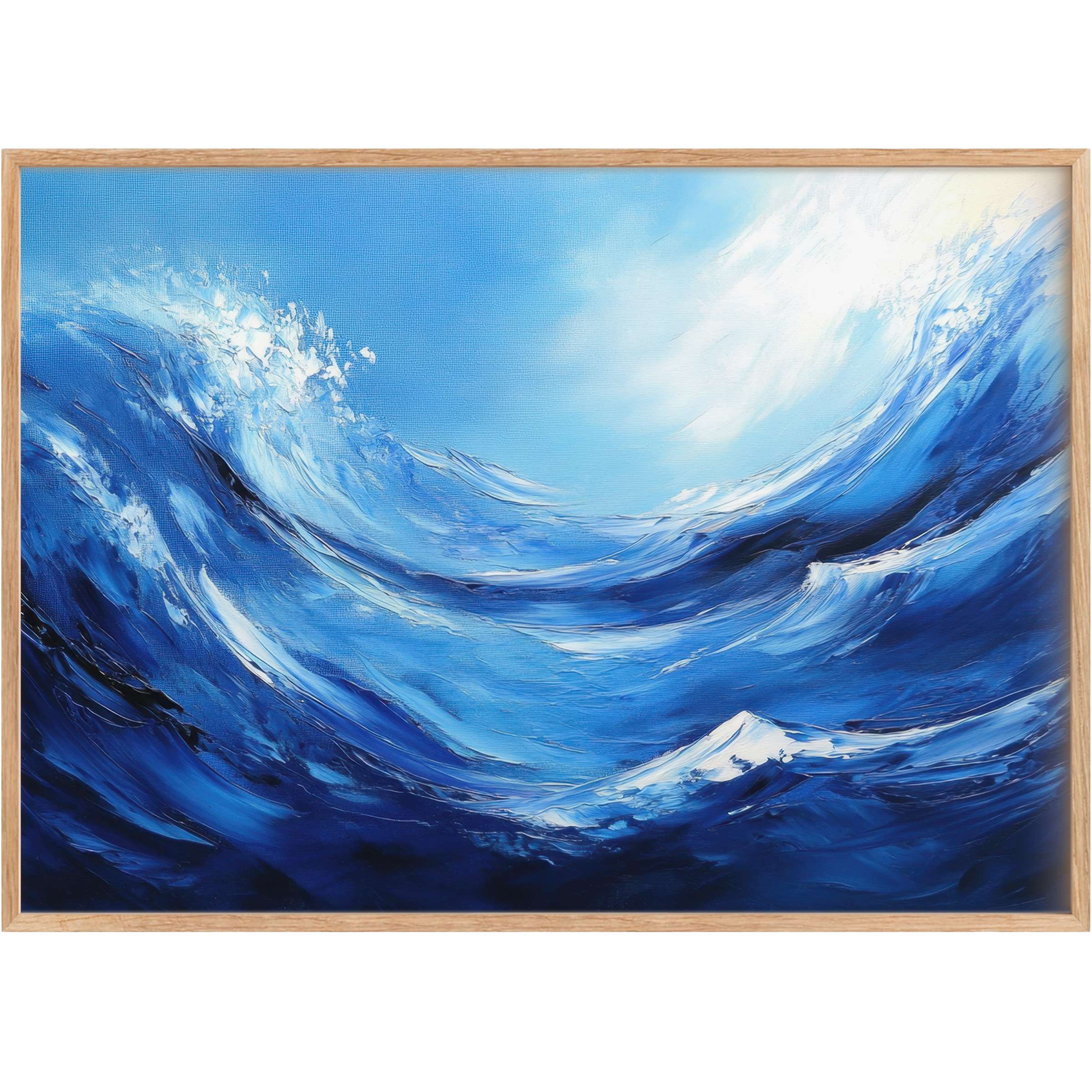 Modern printable wall art capturing a dynamic ocean wave in deep blues and crisp whites, evoking a bold, invigorating energy for chic interiors