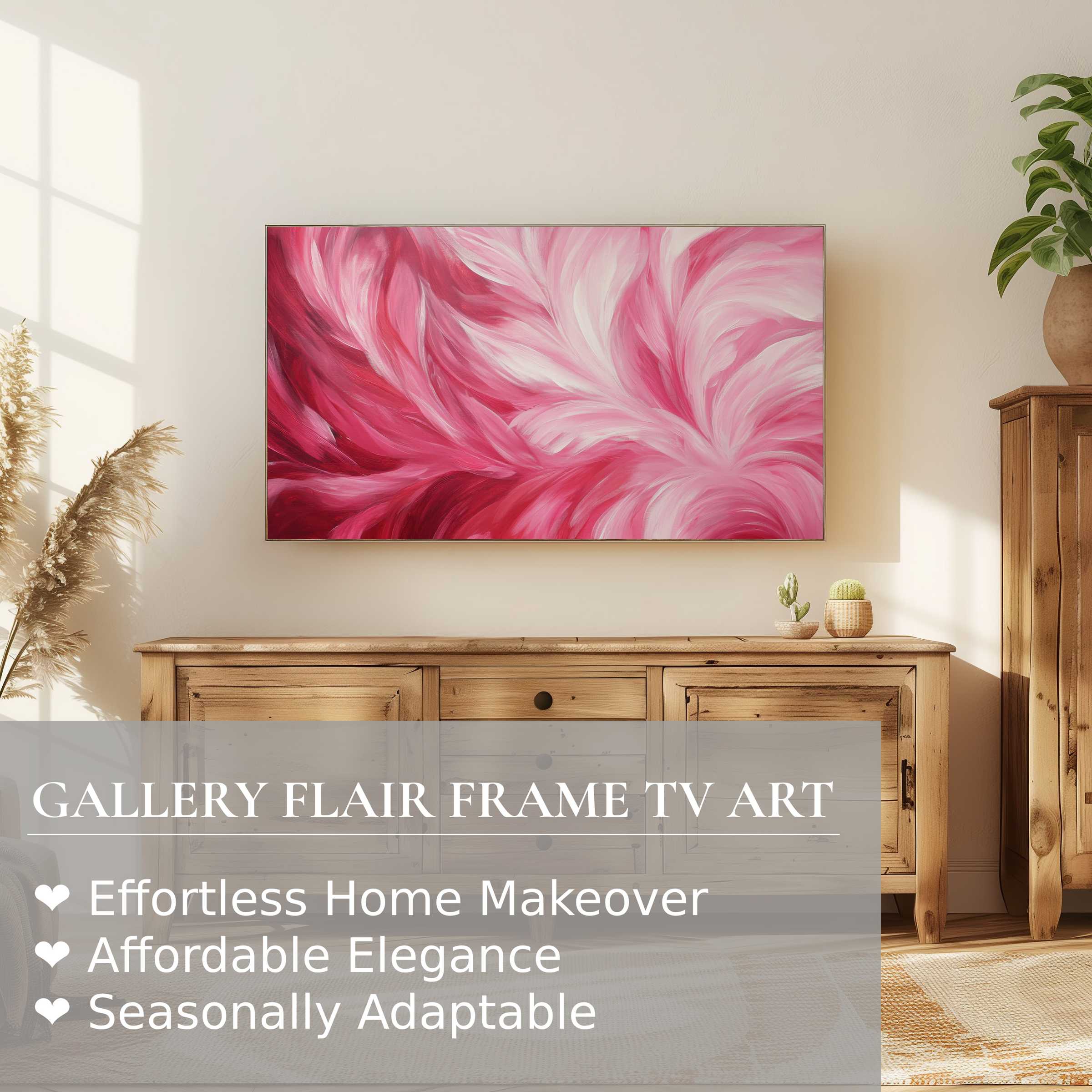 Samsung Frame TV displaying vibrant pink and white abstract digital artwork in a chic, modern living space