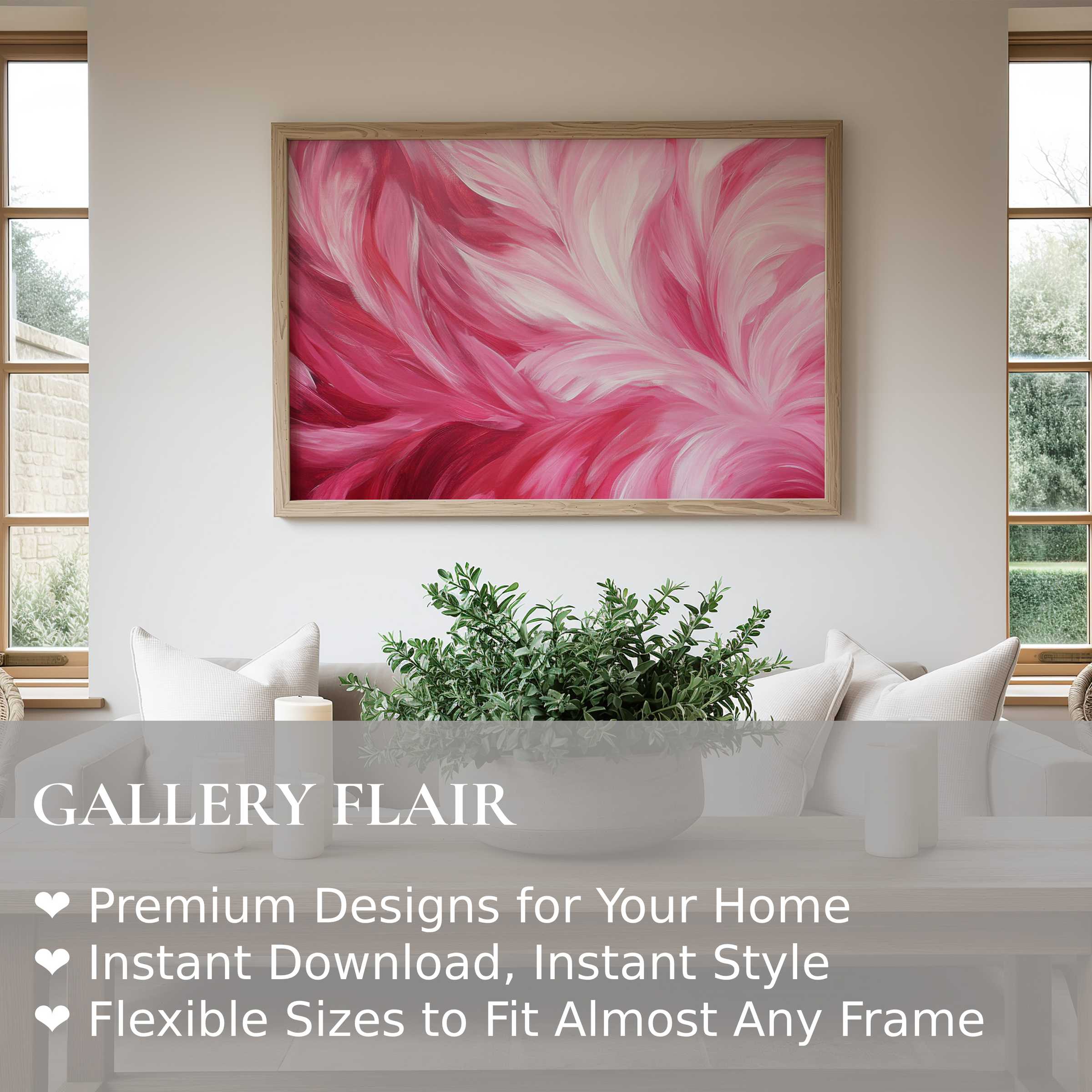 Abstract wall art print with radiant pink and red feather-like swirls, elevating modern minimalist interiors with bold, elegant charm