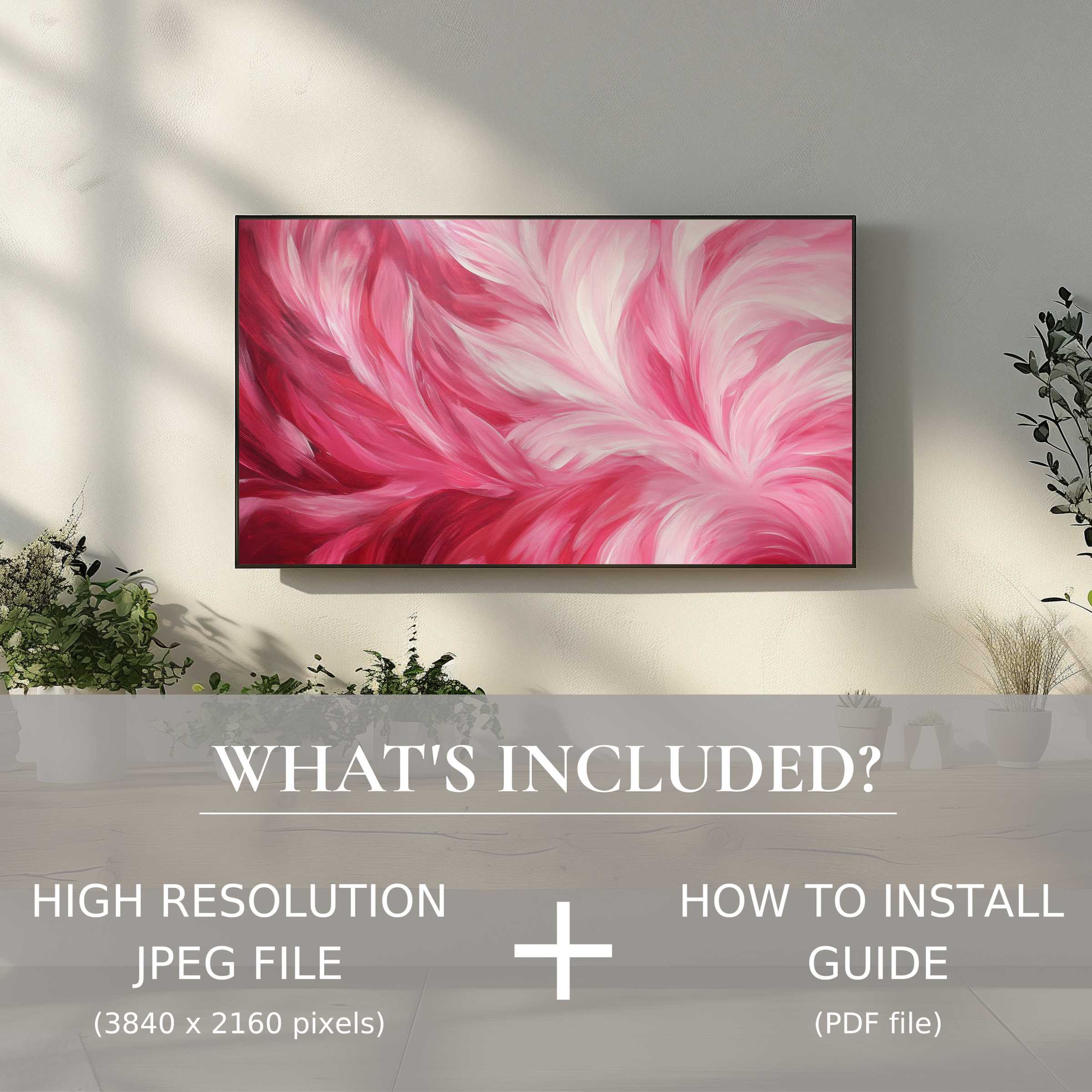 Elegant living space enhanced by abstract digital TV art download in pink hues, easy digital use, modern decor upgrade