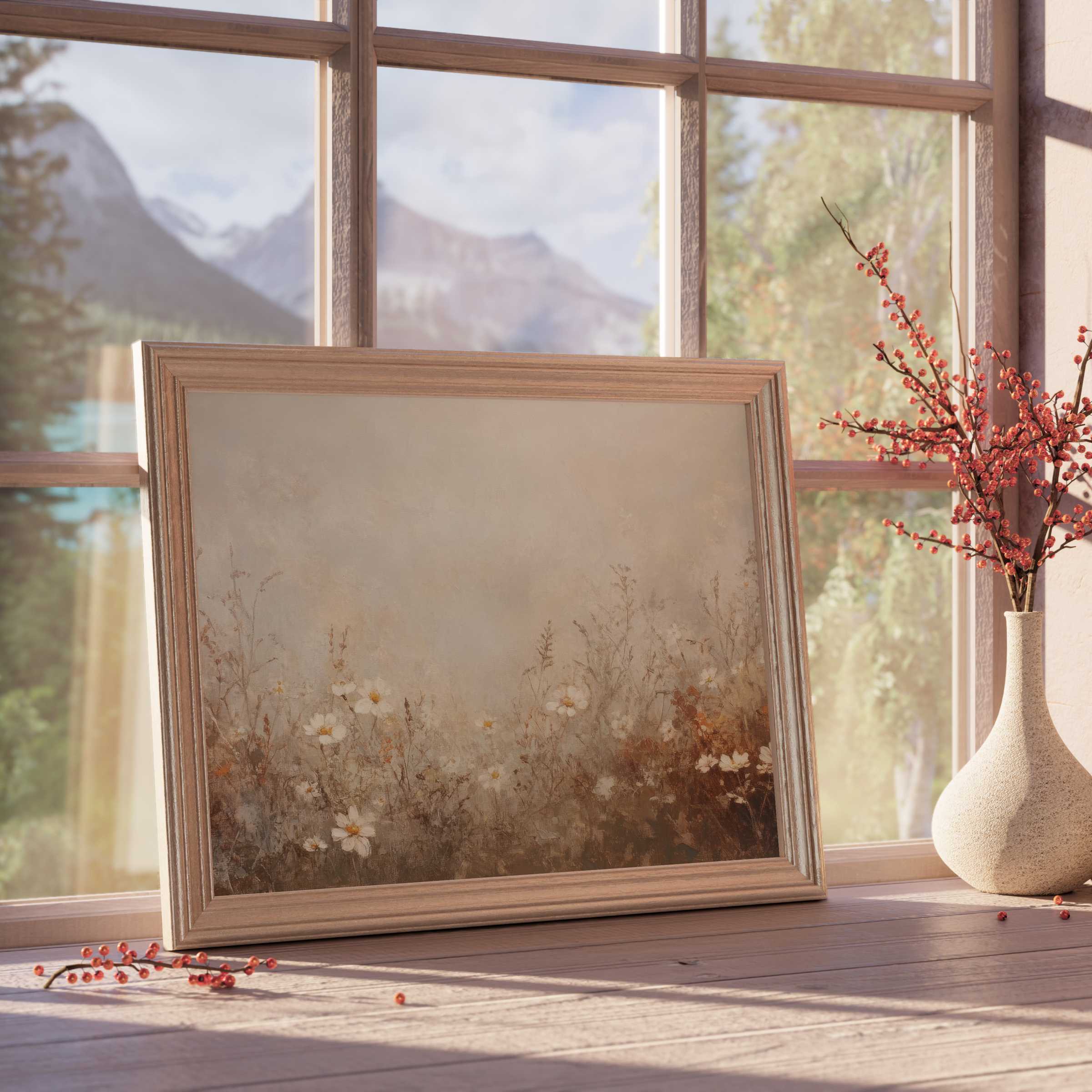Elegant fall downloadable art with soft wildflowers and warm earth tones, perfect for serene, curated interiors and stylish home decor