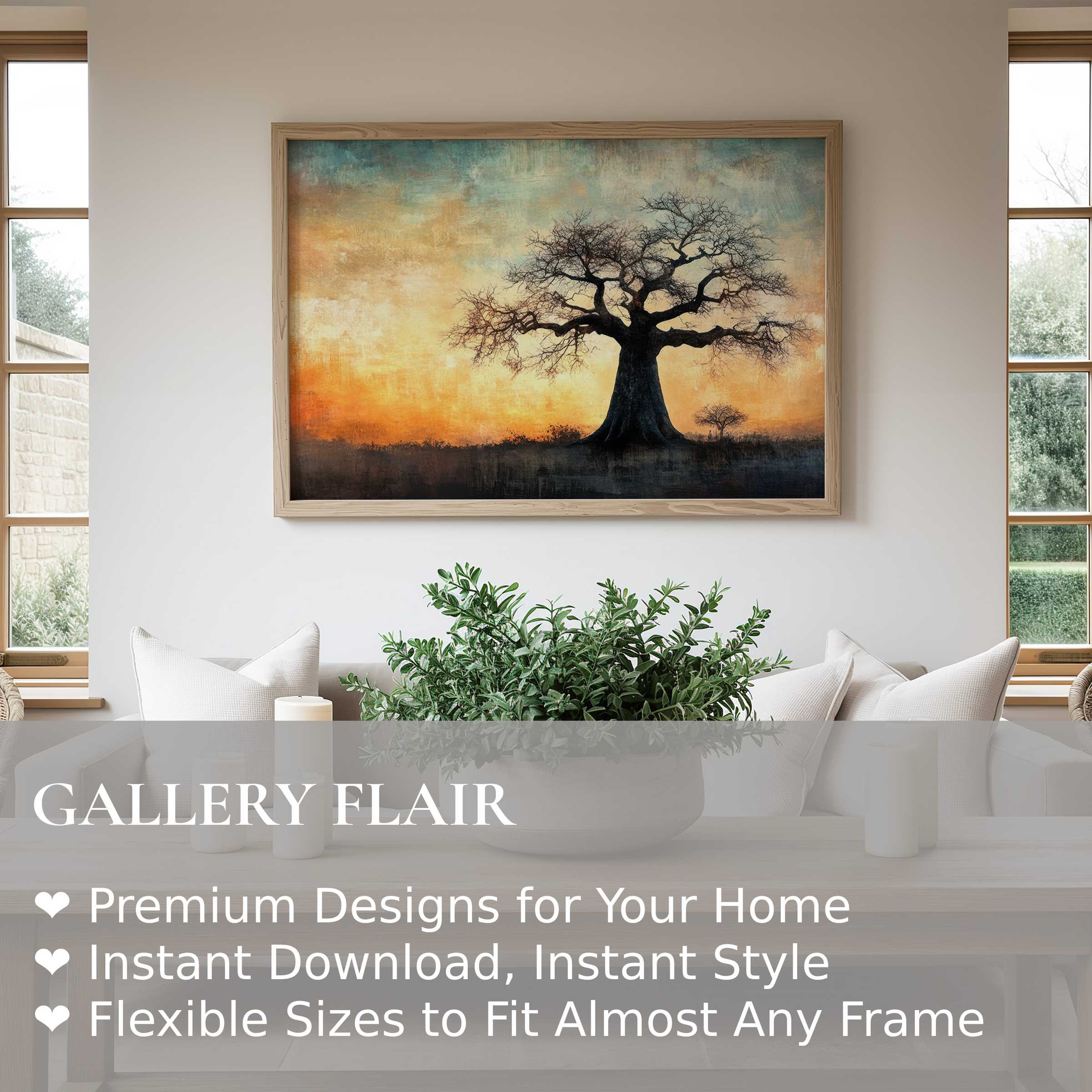 Majestic tree wall art print in warm sunset hues, radiating calm and depth within a minimalist, modern living room