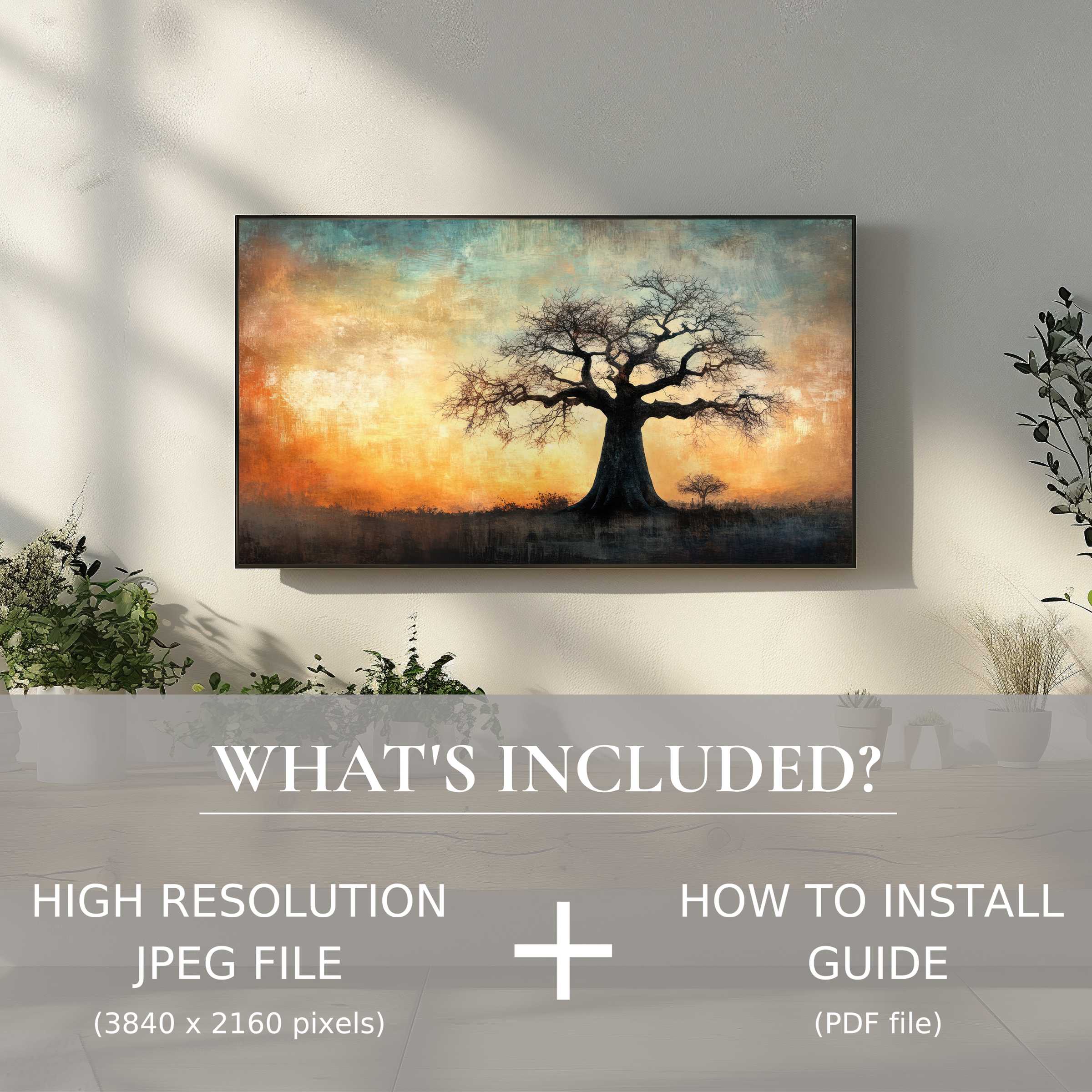 Elegant tree digital TV art download brightens stylish living room with easy digital use, enhancing modern home decor ambiance