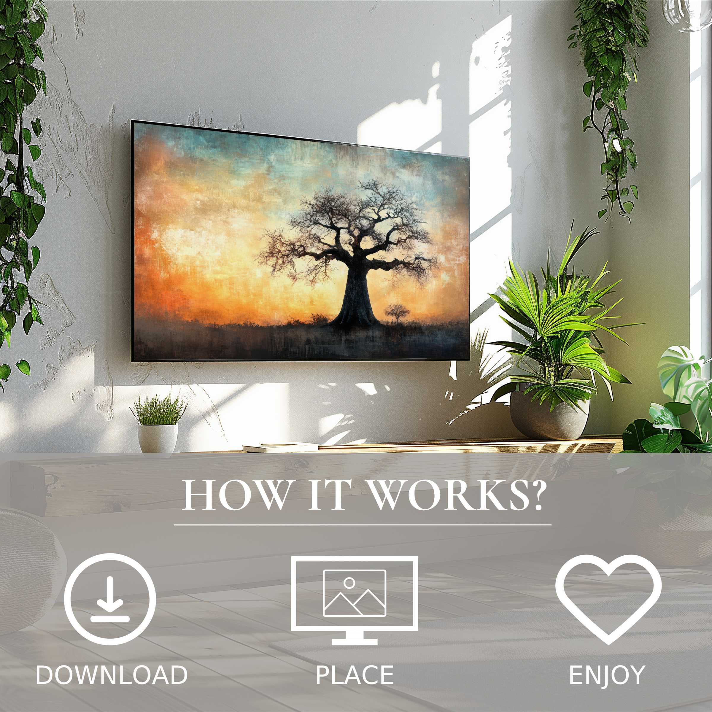 Tree art for Samsung TV shows soft sunset tones; easy digital download enriches bright, modern living spaces with nature motif